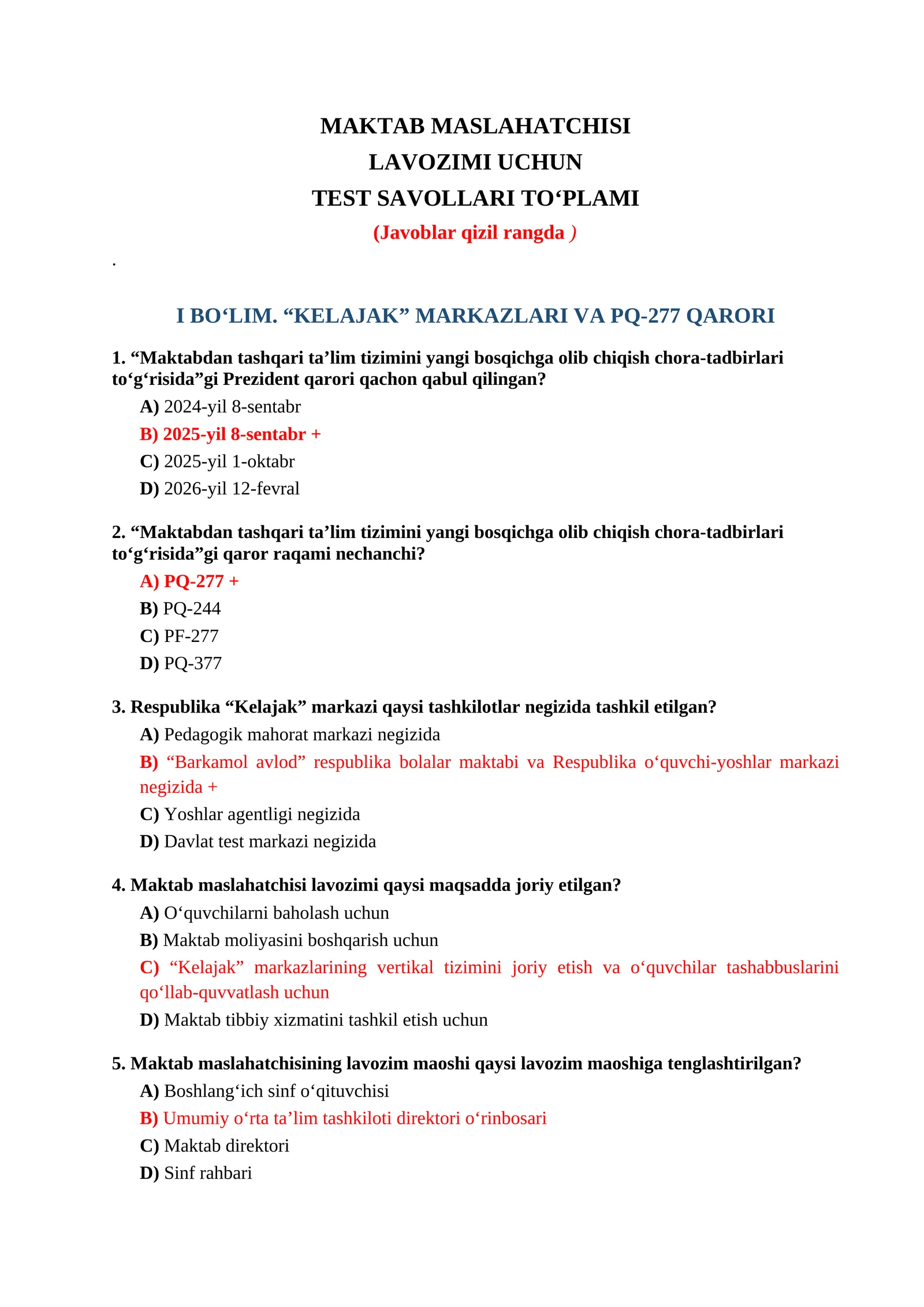 MAKTAB MASLAHATCHISI LAVOZIMI UCHUN TEST SAVOLLARI TO‘PLAMI 1