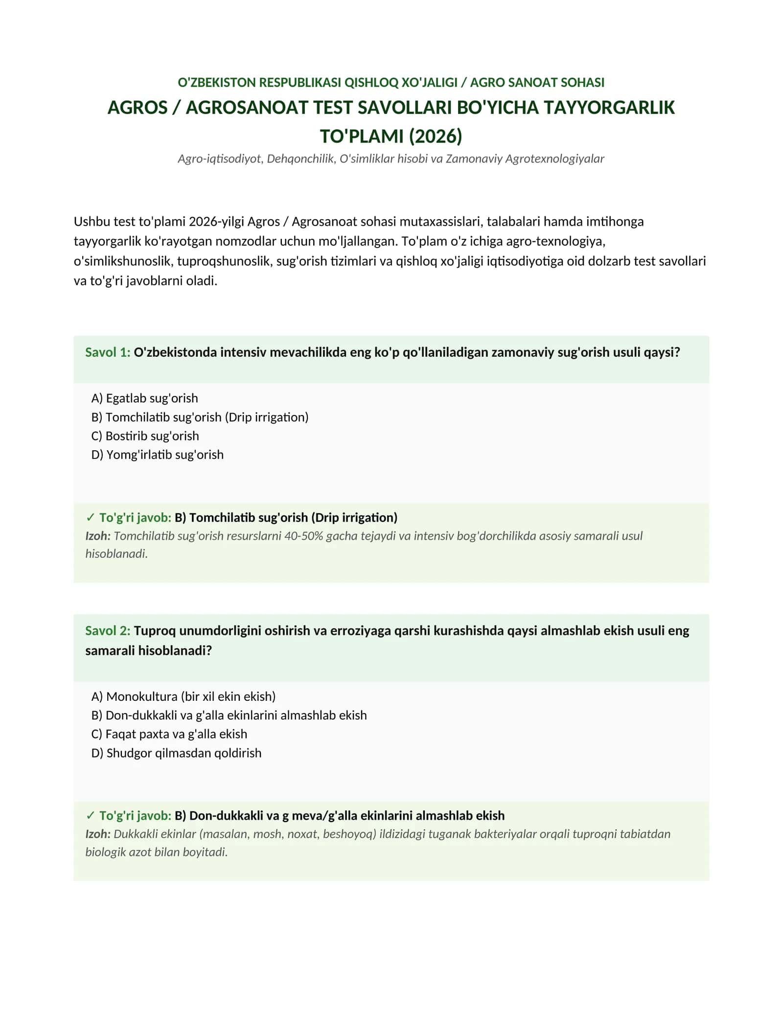 Agros / Agrosanoat sohasi bo'yicha test savollari va to'liq javoblar to'plami 1