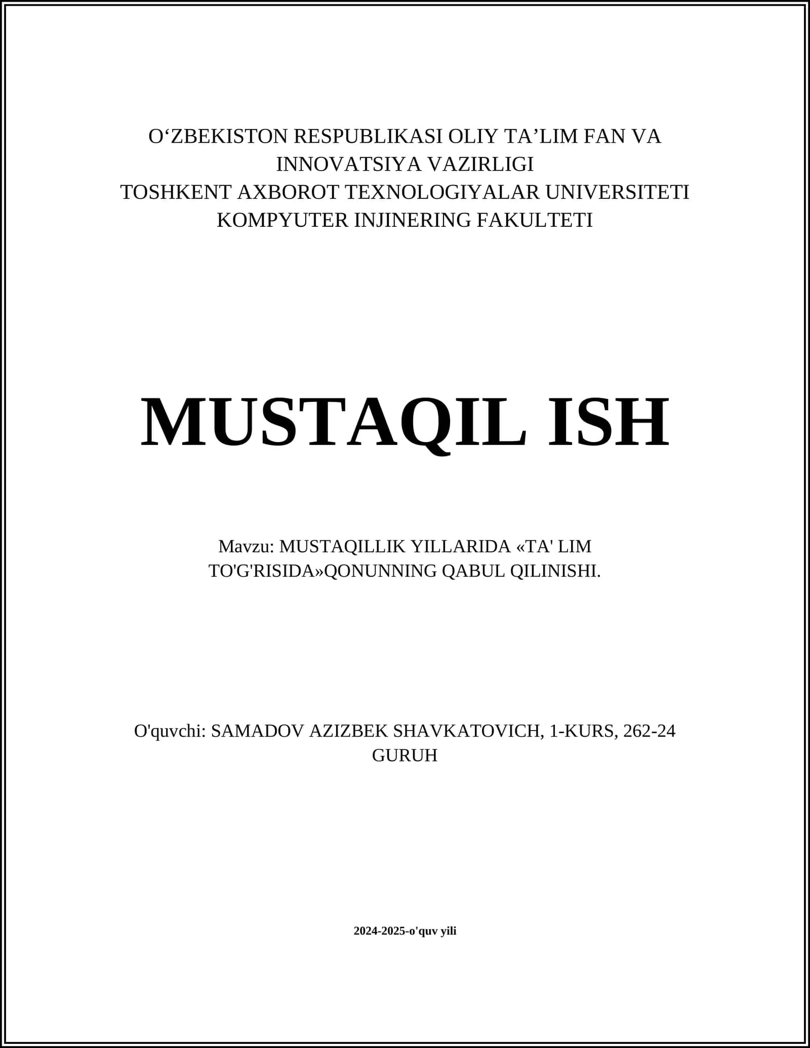 MUSTAQILLIK YILLARIDA «TA' LIM TO'G'RISIDA»QONUNNING QABUL QILINISHI 1