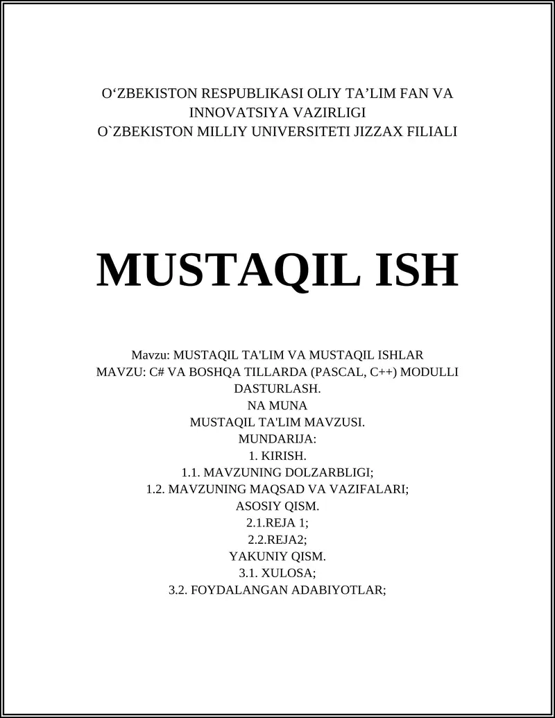 C# VA BOSHQA TILLARDA (PASCAL, C++) MODULLI DASTURLASH 1