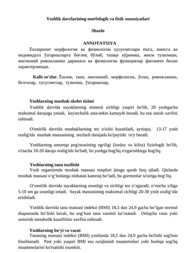 Yoshlik davrlarining morfologik va fizik xususiyatlari 1
