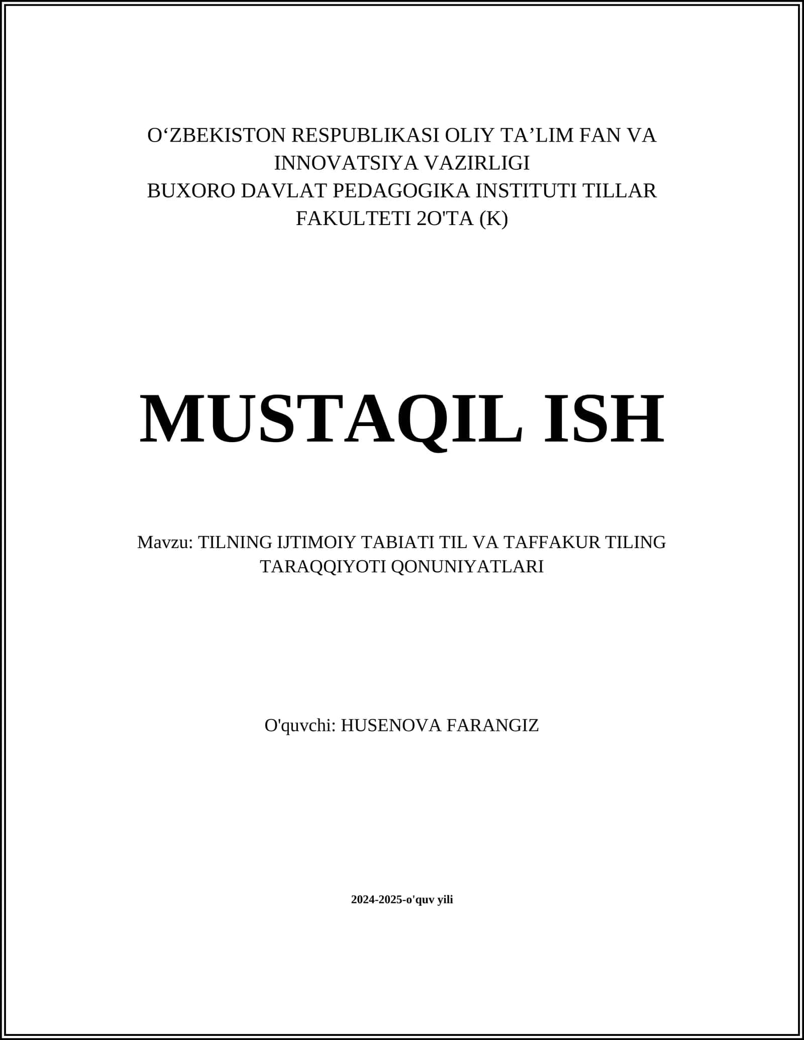 TILNING IJTIMOIY TABIATI TIL VA TAFFAKUR TILING TARAQQIYOTI QONUNIYATLARI 1