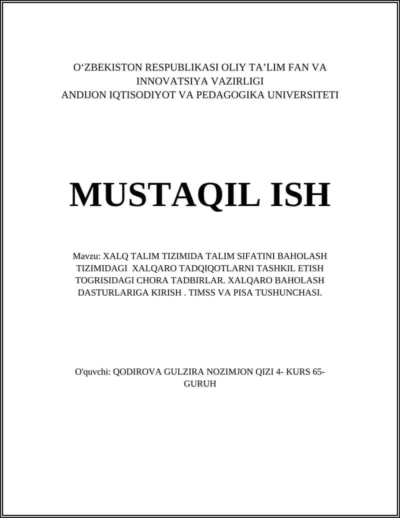XALQ TALIM TIZIMIDA TALIM SIFATINI BAHOLASH TIZIMIDAGI XALQARO TADQIQOTLARNI TASHKIL ETISH TOGRISIDAGI CHORA TADBIRLAR 1