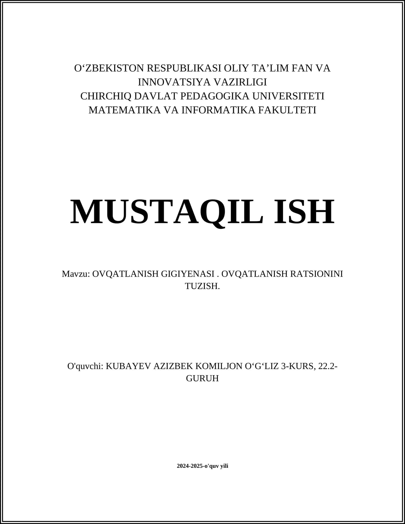 OVQATLANISH GIGIYENASI. OVQATLANISH RATSIONINI TUZISH 1