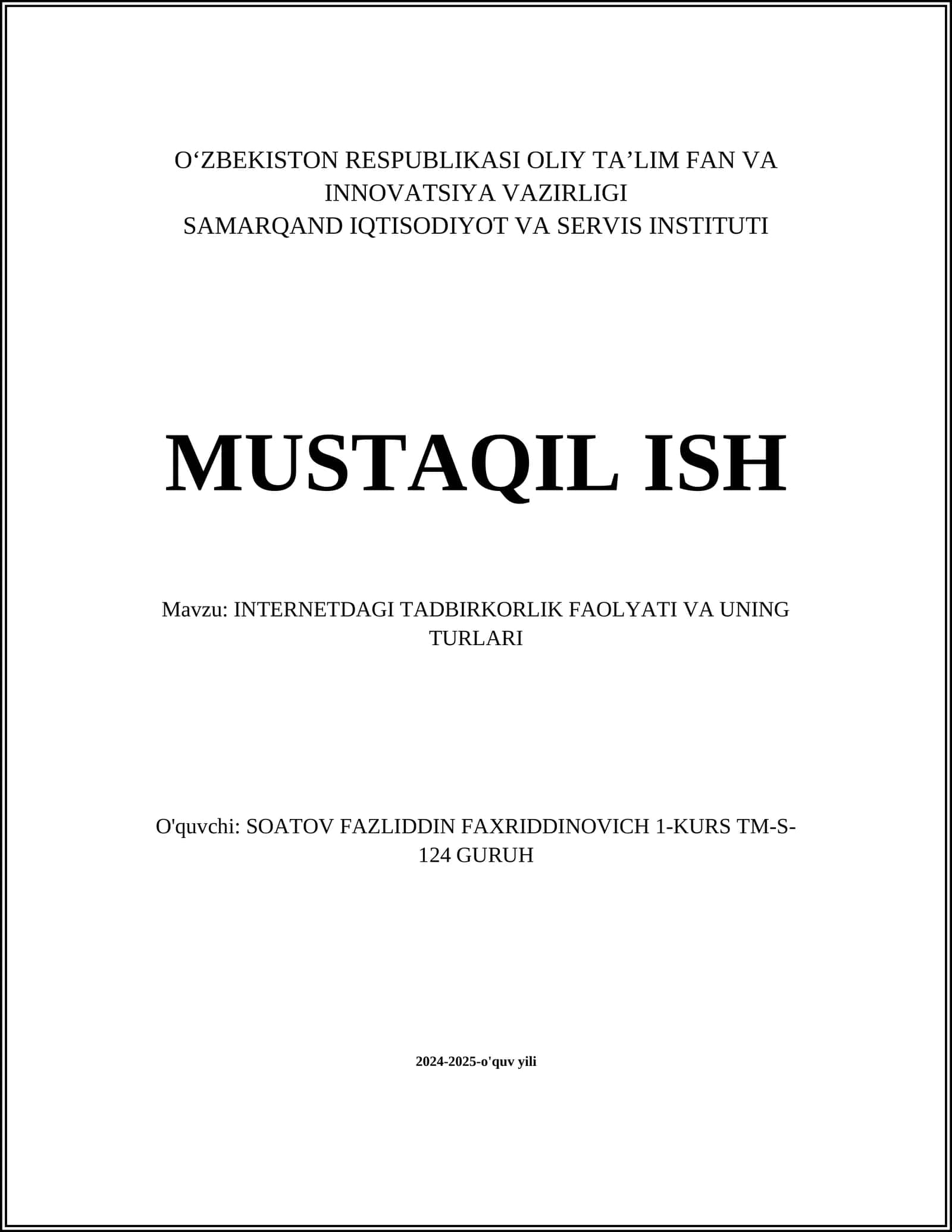 INTERNETDAGI TADBIRKORLIK FAOLYATI VA UNING TURLARI 1