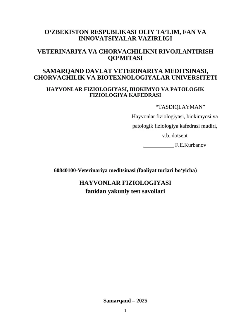 Yakuniy test savollari - Hayvonlar fiziologiyasi 1