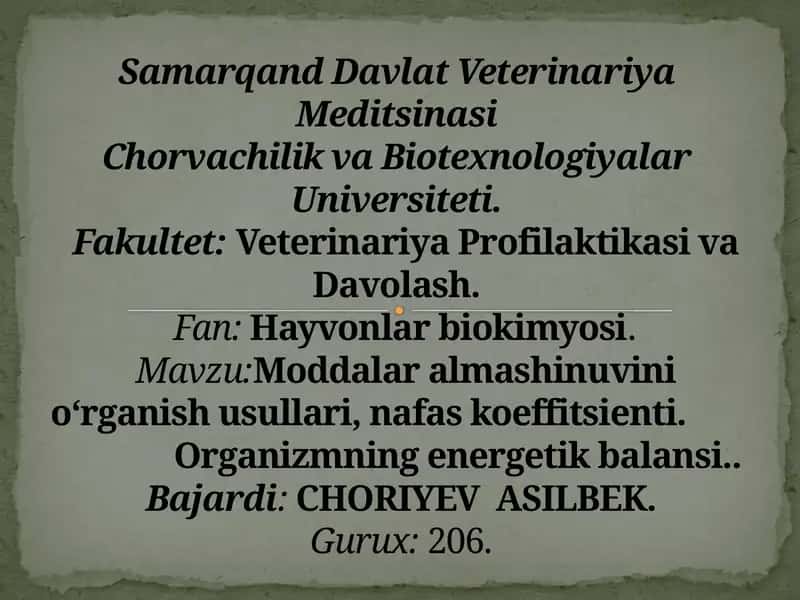 Hayvonlar biokimyosi 1