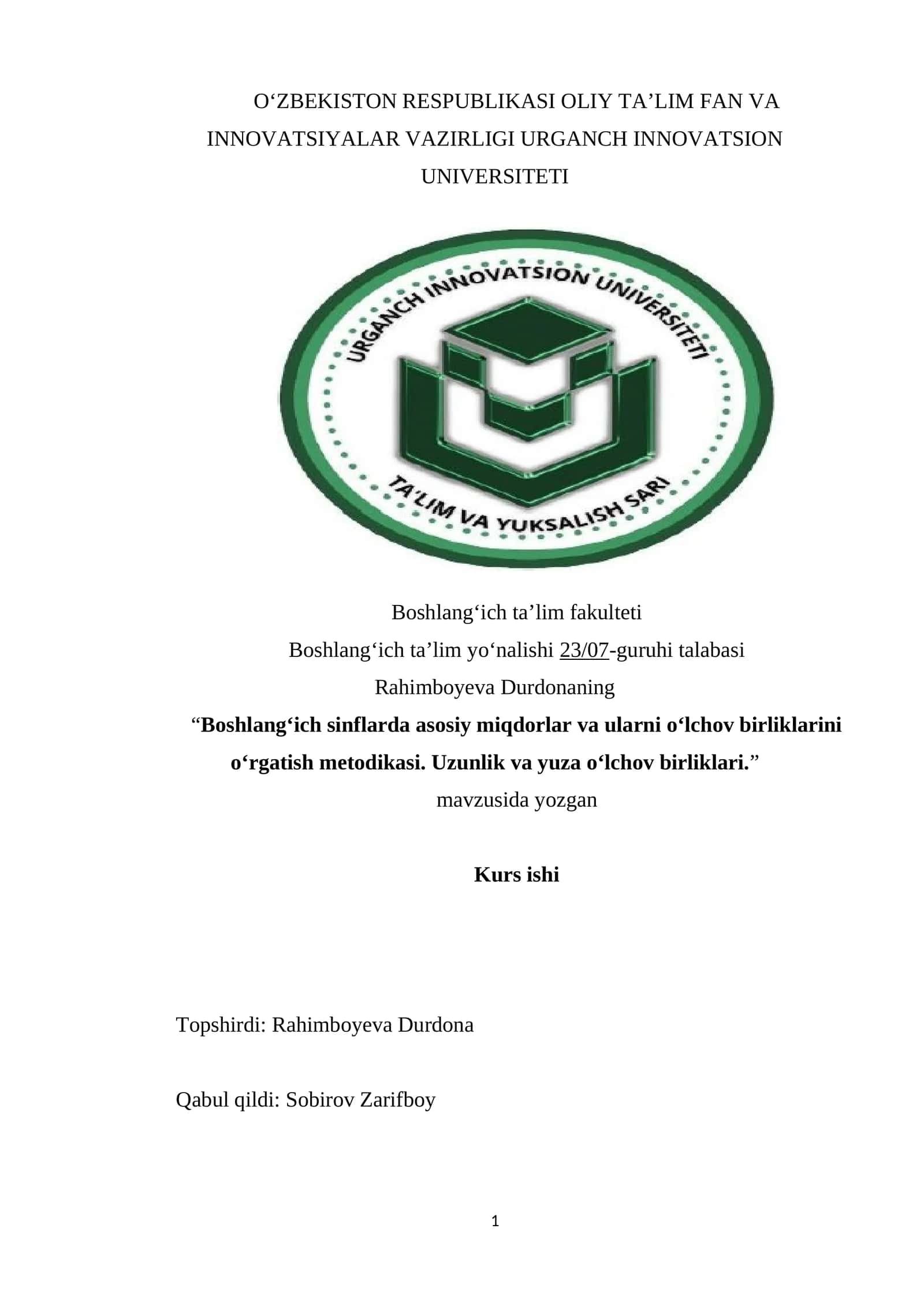 Boshlangʻich sinflarda asosiy miqdorlar va ularni oʻlchov birliklarini oʻrgatish metodikasi. Uzunlik va yuza oʻlchov birliklari 1