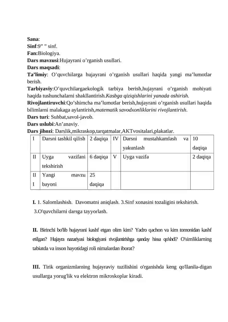 Hujayrani o’rganish usullari 9-sinf 1