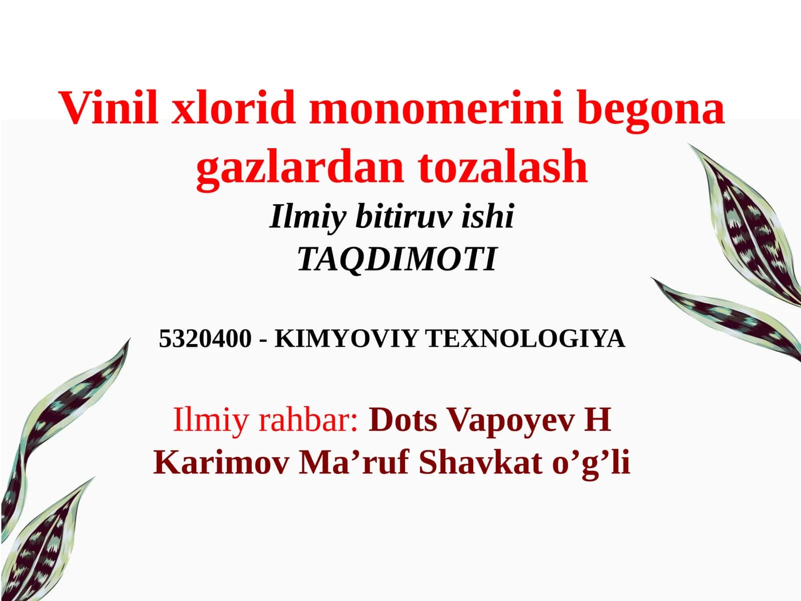 Vinilxlorid monomerini begona gazlardan to'zalash 1