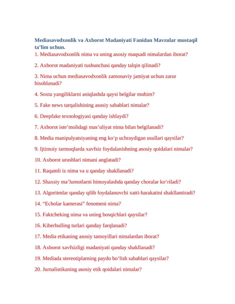 Mediasavodxonlik va Axborot Madaniyati Fanidan Mavzular 1