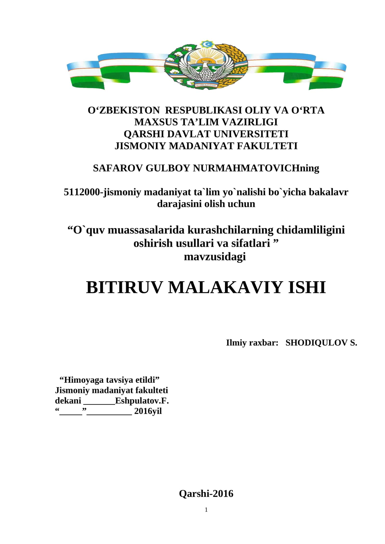 “O`quv muassasalarida kurashchilarning chidamliligini oshirish usullari va sifatlari ” 1
