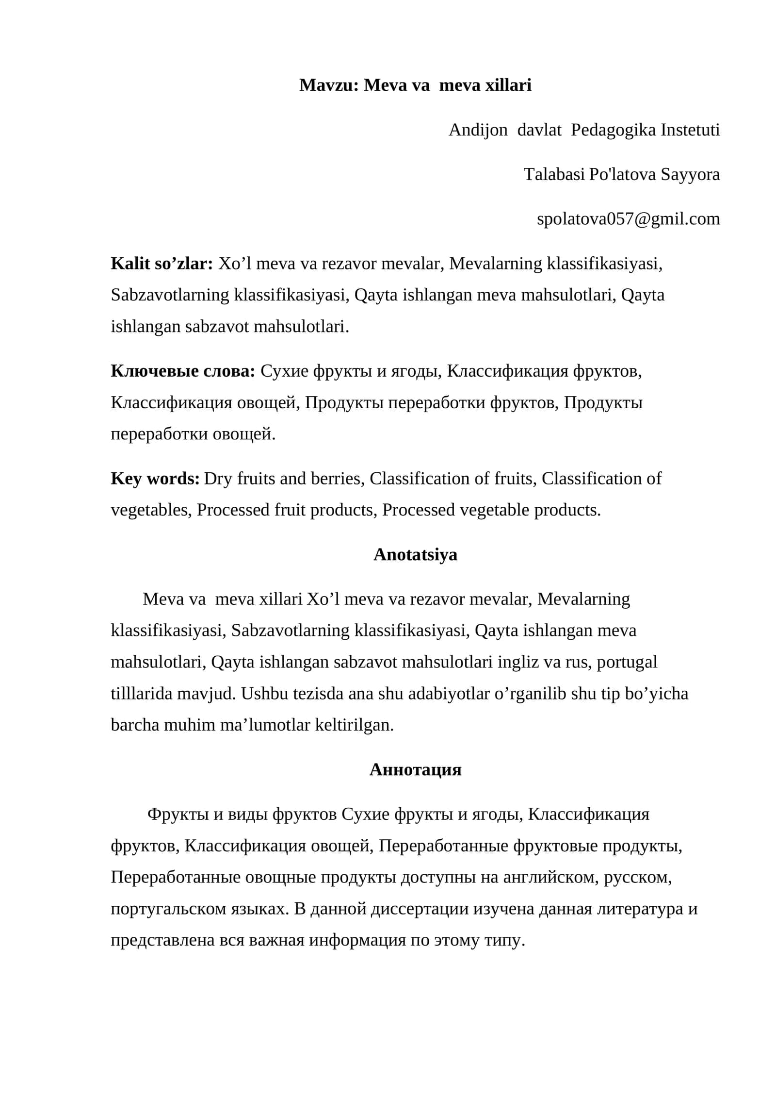 Meva va meva xillari 1