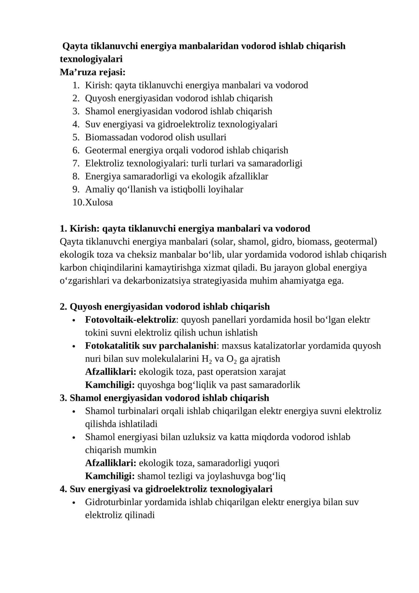 Qayta tiklanuvchi energiya manbalaridan vodorod ishlab chiqarish texnologiyalari 1