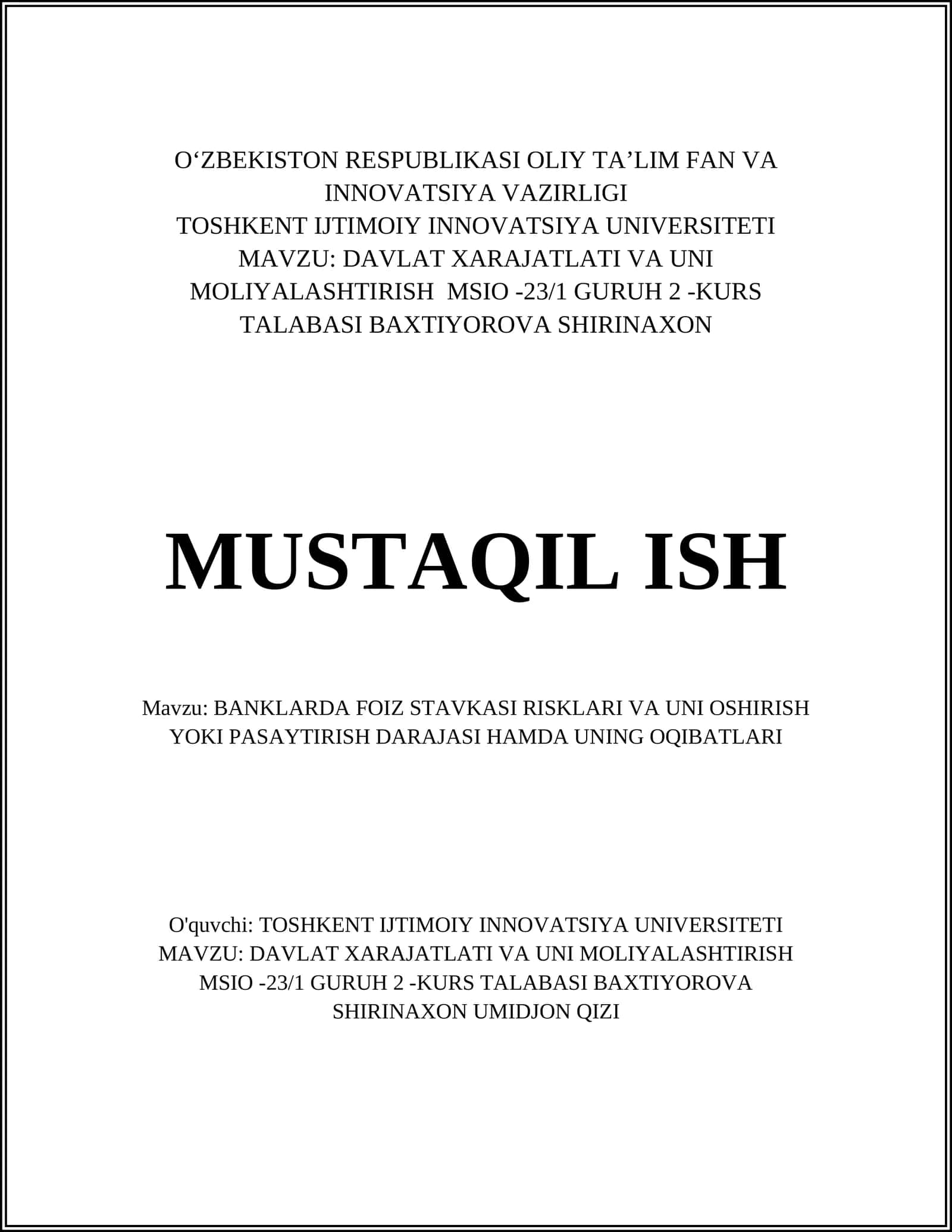 BANKLARDA FOIZ STAVKASI RISKLARI VA UNI OSHIRISH YOKI PASAYTIRISH DARAJASI HAMDA UNING OQIBATLARI 1