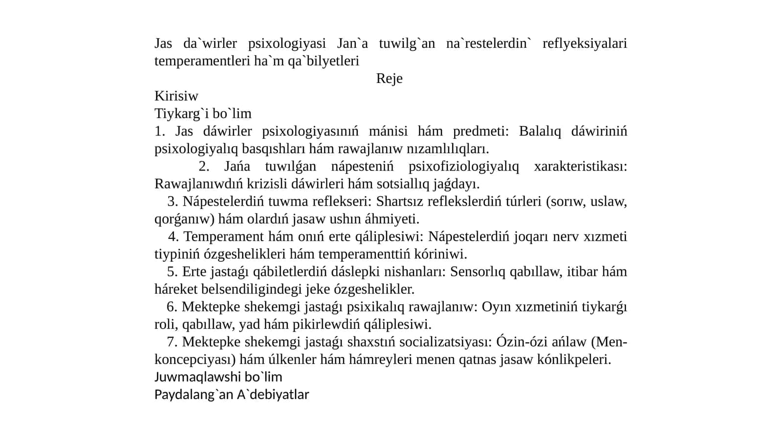 Jas da`wirler psixologiyasi Jan`a tuwilg`an na`restelerdin` reflyeksiyalari temperamentleri ha`m qa`bilyetleri 1