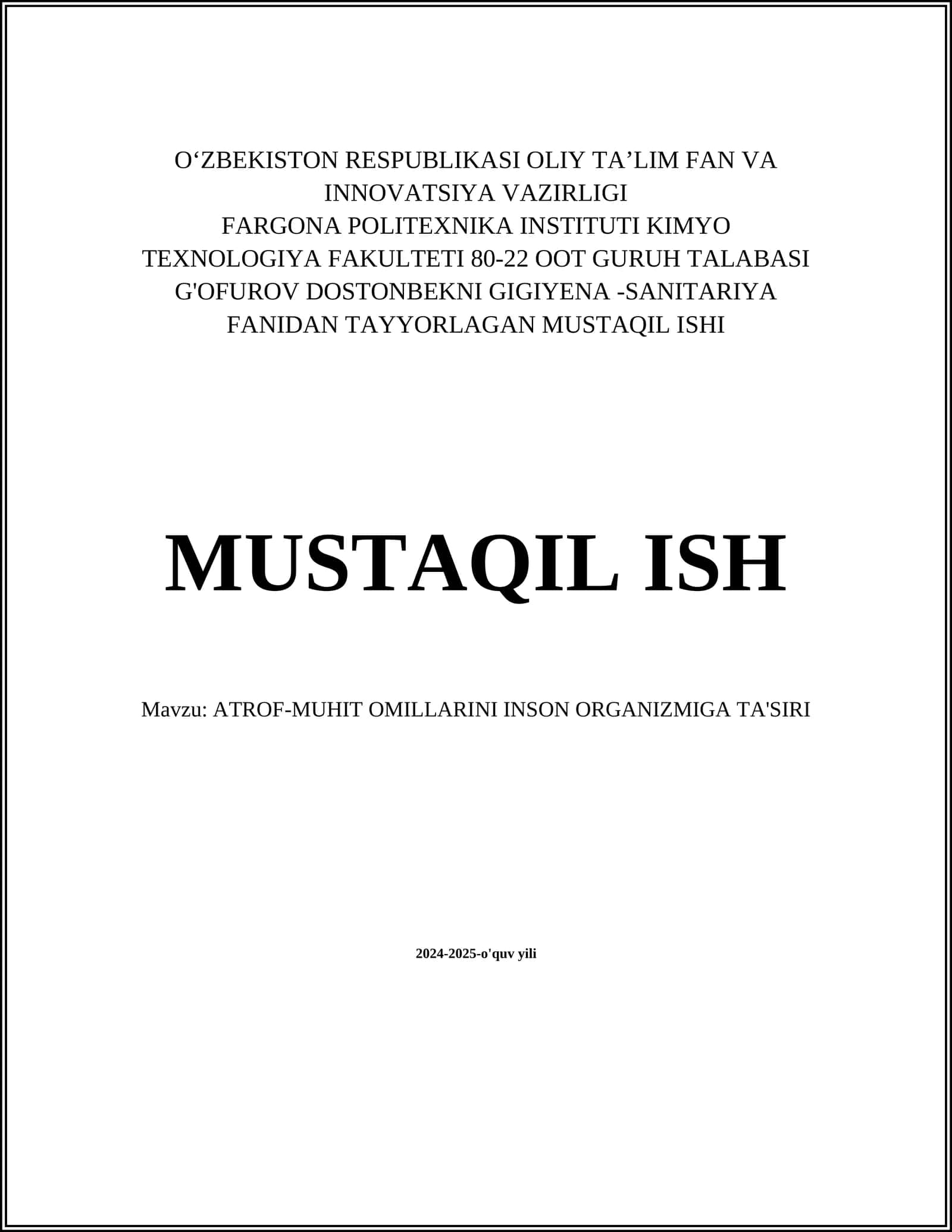 GIGIYENA - SANITARIYA FANIDAN TAYYORLAGAN MUSTAQIL ISHI 1