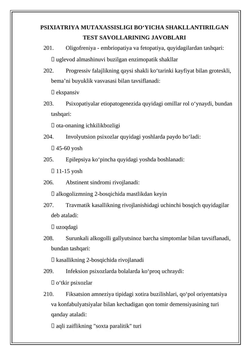 PSIXIATRIYA MUTAXASSISLIGI BOʻYICHA SHAKLLANTIRILGAN TEST SAVOLLARINING JAVOBLARI 1