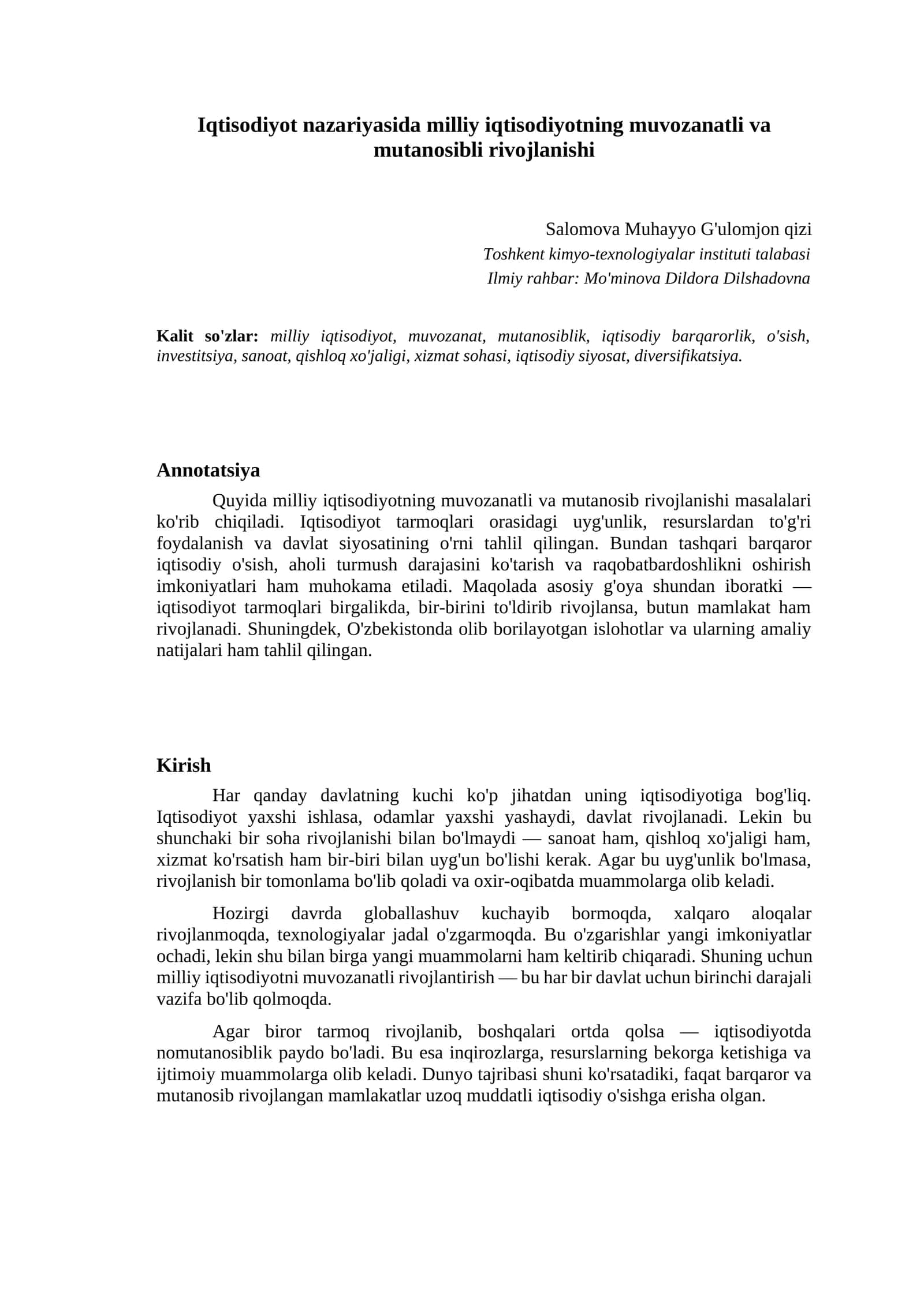 Iqtisodiyot nazariyasida milliy iqtisodiyotning muvozanatli va mutanosibli rivojlanishi 1