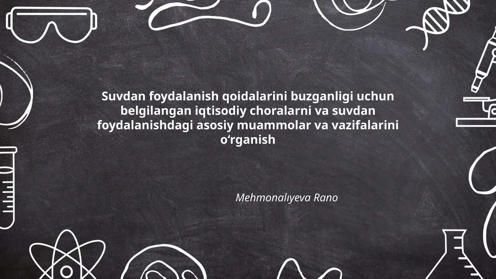 Suvdan foydalanish qoidalarini buzganligi uchun belgilangan iqtisodiy choralarni va suvdan foydalanishdagi asosiy muammolar va vazifalarini o‘rganish 1