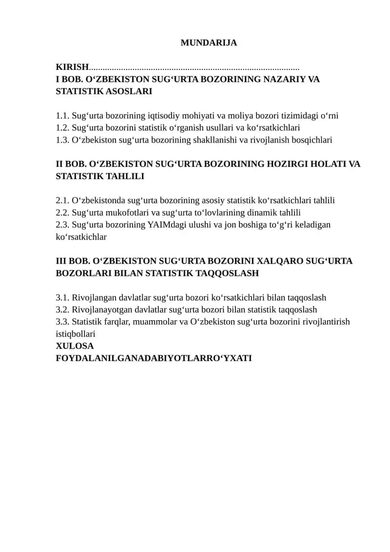 O‘ZBEKISTON SUG‘URTA BOZORINING NAZARIY VA STATISTIK ASOSLARI 1