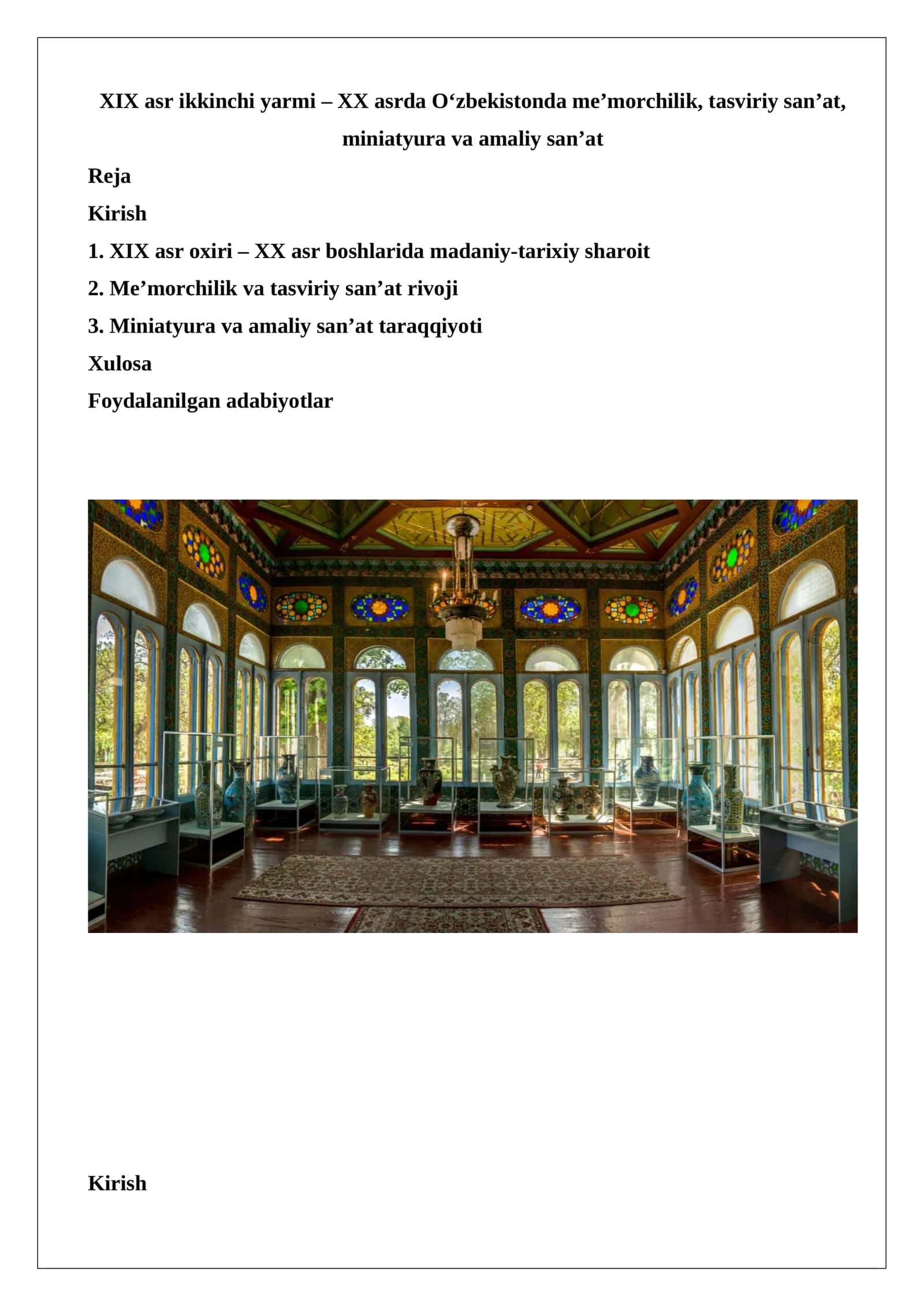 XIX asr ikkinchi yarmi – XX asrda O‘zbekistonda me’morchilik, tasviriy san’at, miniatyura va amaliy san’at 1