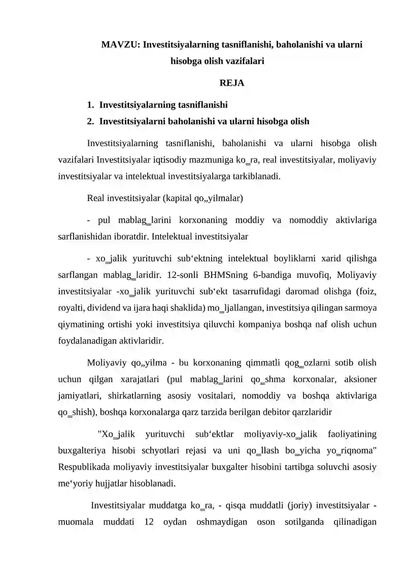 Investitsiyalarning tasniflanishi, baholanishi va ularni hisobga olish vazifalari