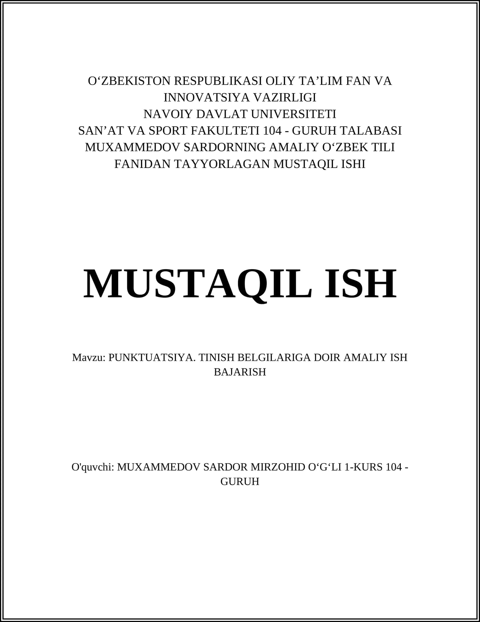 PUNKTUATSIYA. TINISH BELGILARIGA DOIR AMALIY ISH BAJARISH 1