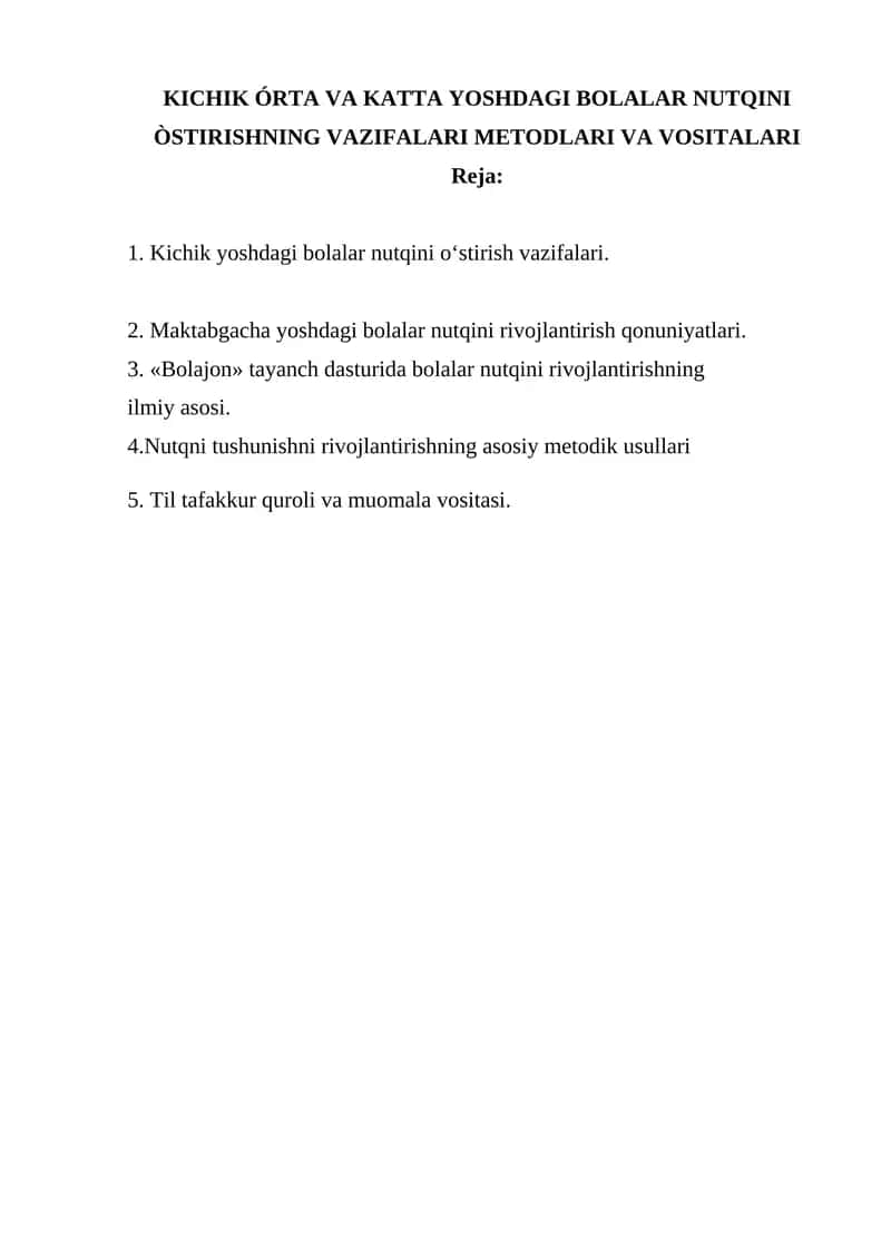Kichik Órta va Katta Yoshdagi Bolalar Nutqini Òstirishning Vazifalari Metodlari va Vositalari 1