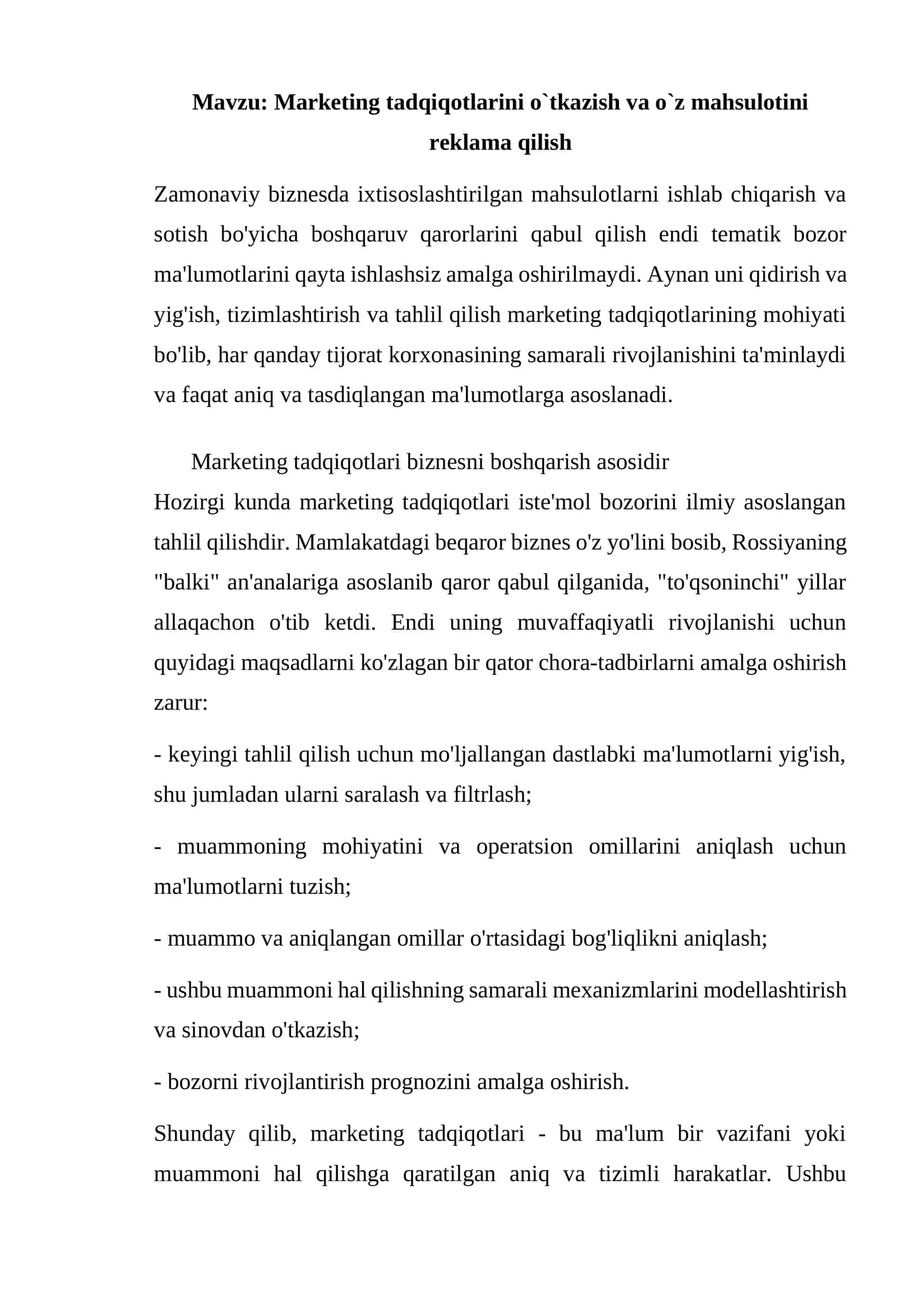 Marketing tadqiqotlarini o`tkazish va o`z mahsulotini reklama qilish 1