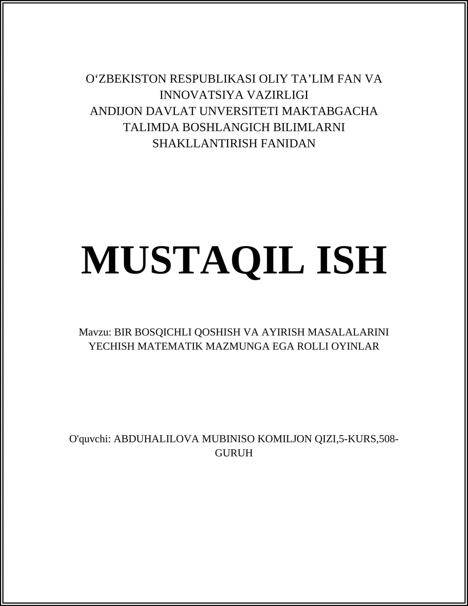 Bir Bosqichli Qoshish va Ayirish Masalalari 1