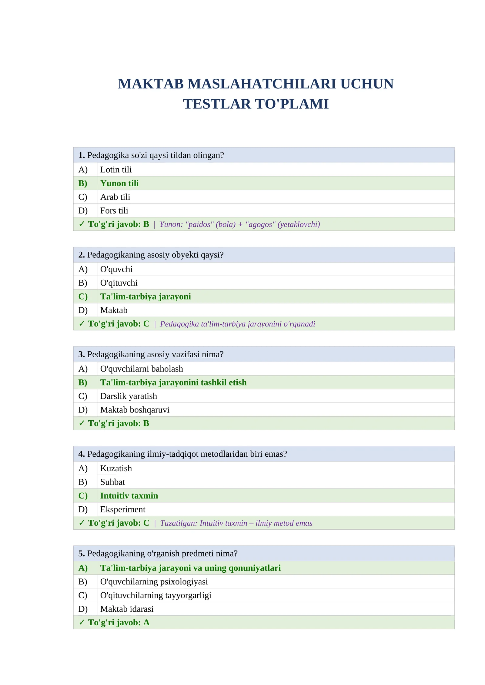 Maktab maslahatchisi test javoblari 1