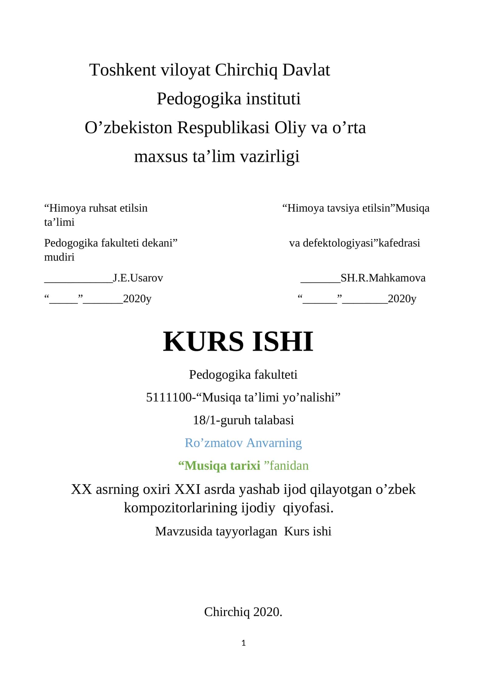 XX asrning oxiri XXI asrda yashab ijod qilayotgan o’zbek kompozitorlarining ijodiy qiyofasi 1