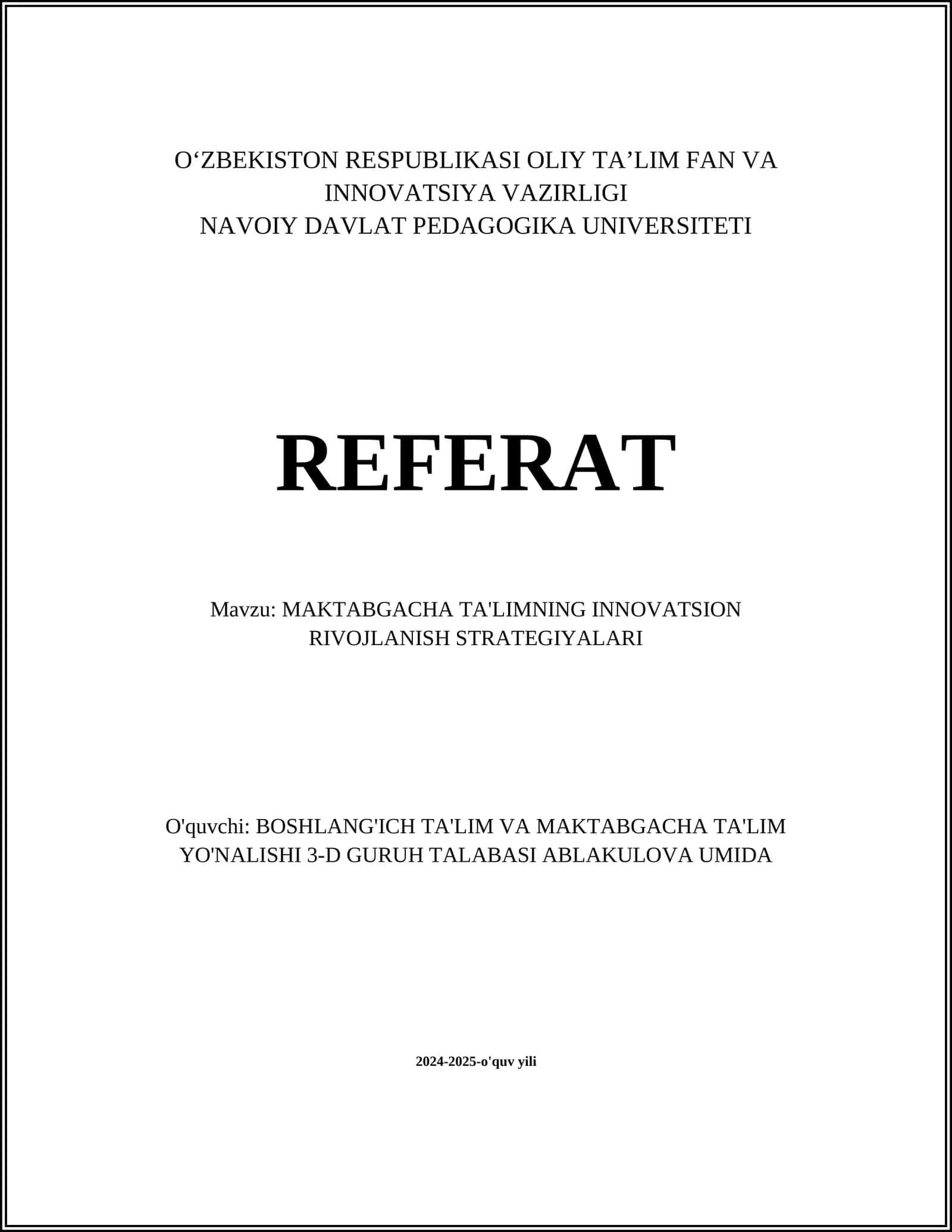 MAKTABGACHA TA'LIMNING INNOVATSION RIVOJLANISH STRATEGIYALARI 1