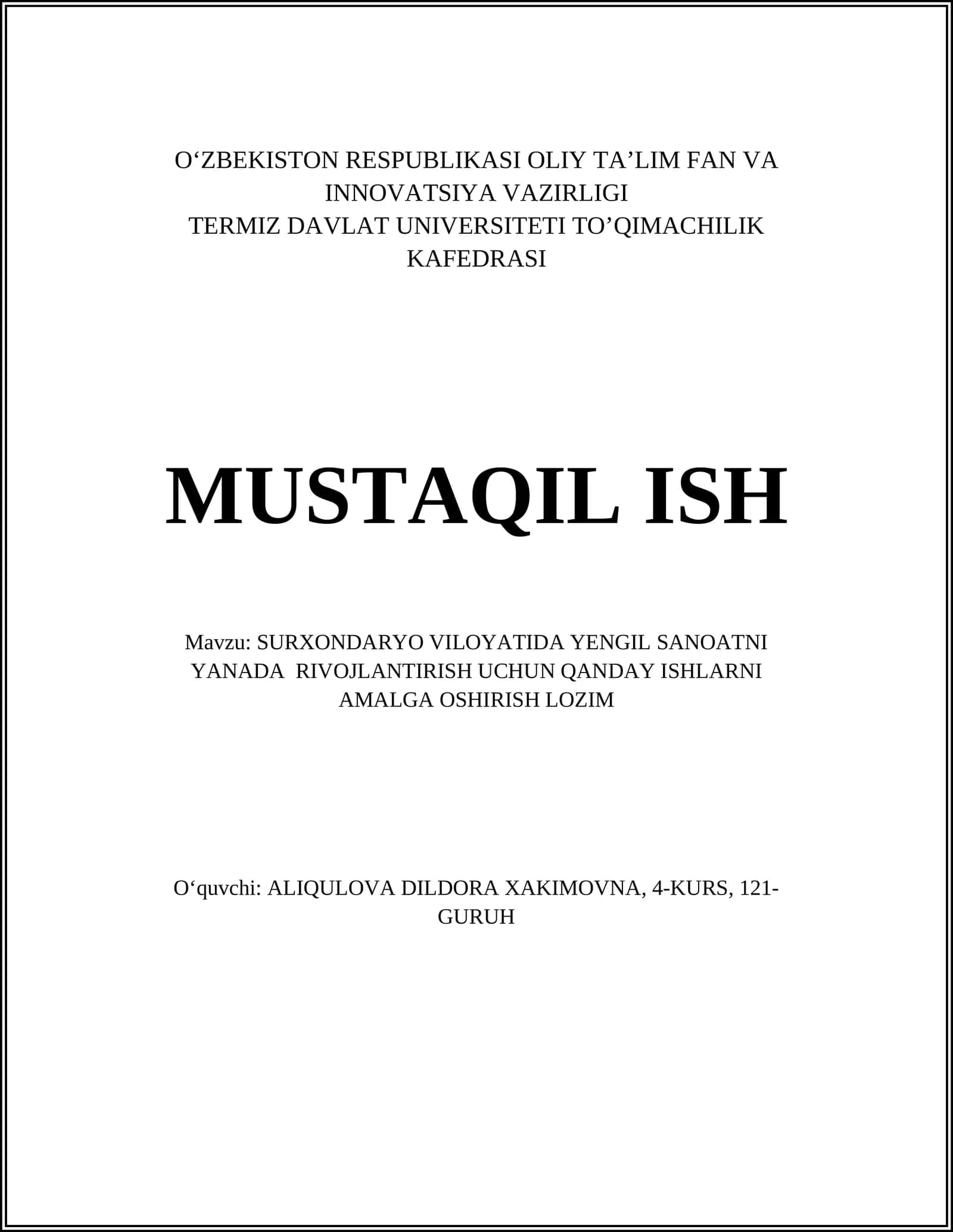 SURXONDARYO VILOYATIDA YENGIL SANOATNI YANADA RIVOJLANTIRISH UCHUN QANDAY ISHLARNI AMALGA OSHIRISH LOZIM 1