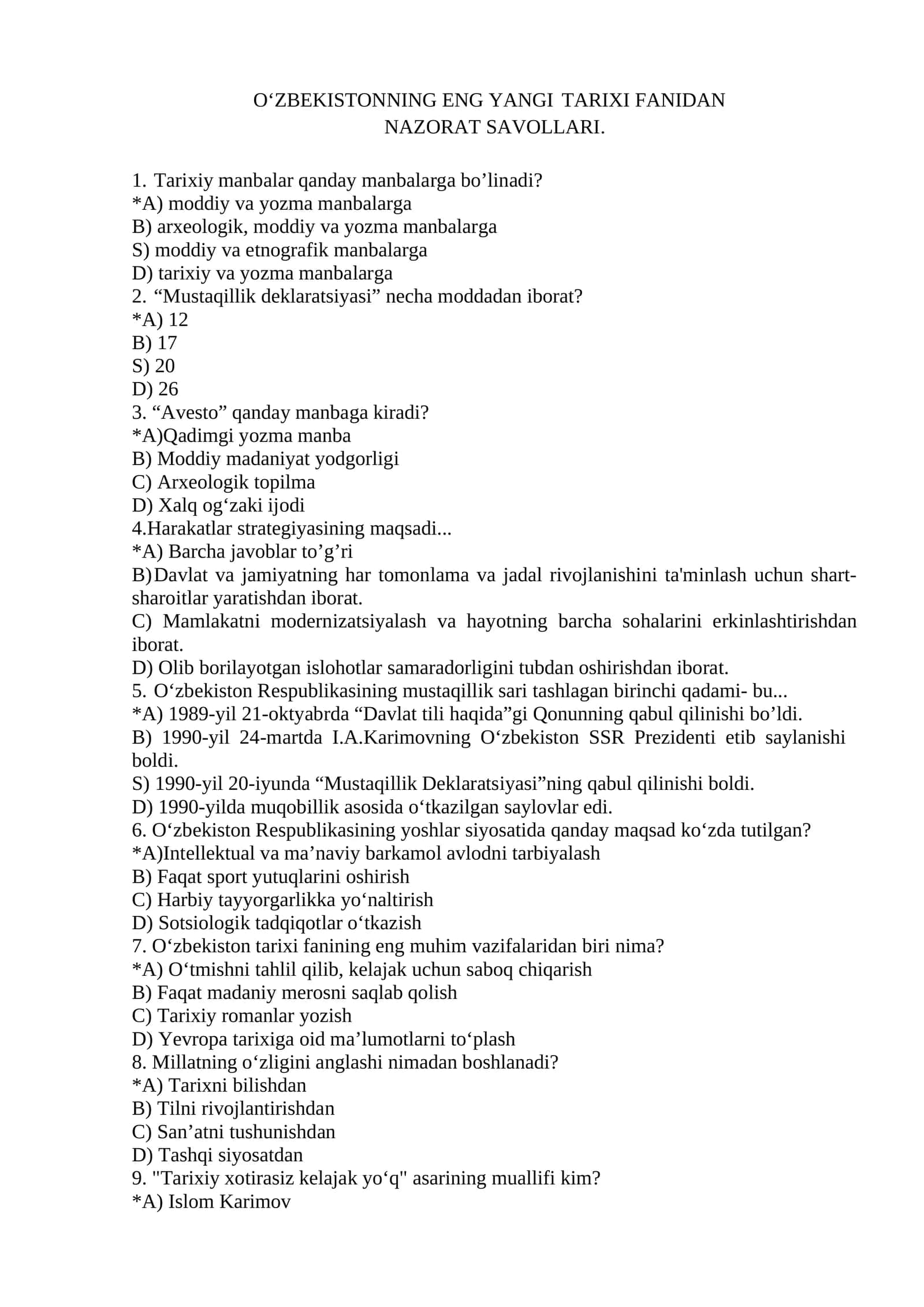 O’zbekistonning eng yangi tarixi fanidan nazorat savollari 1
