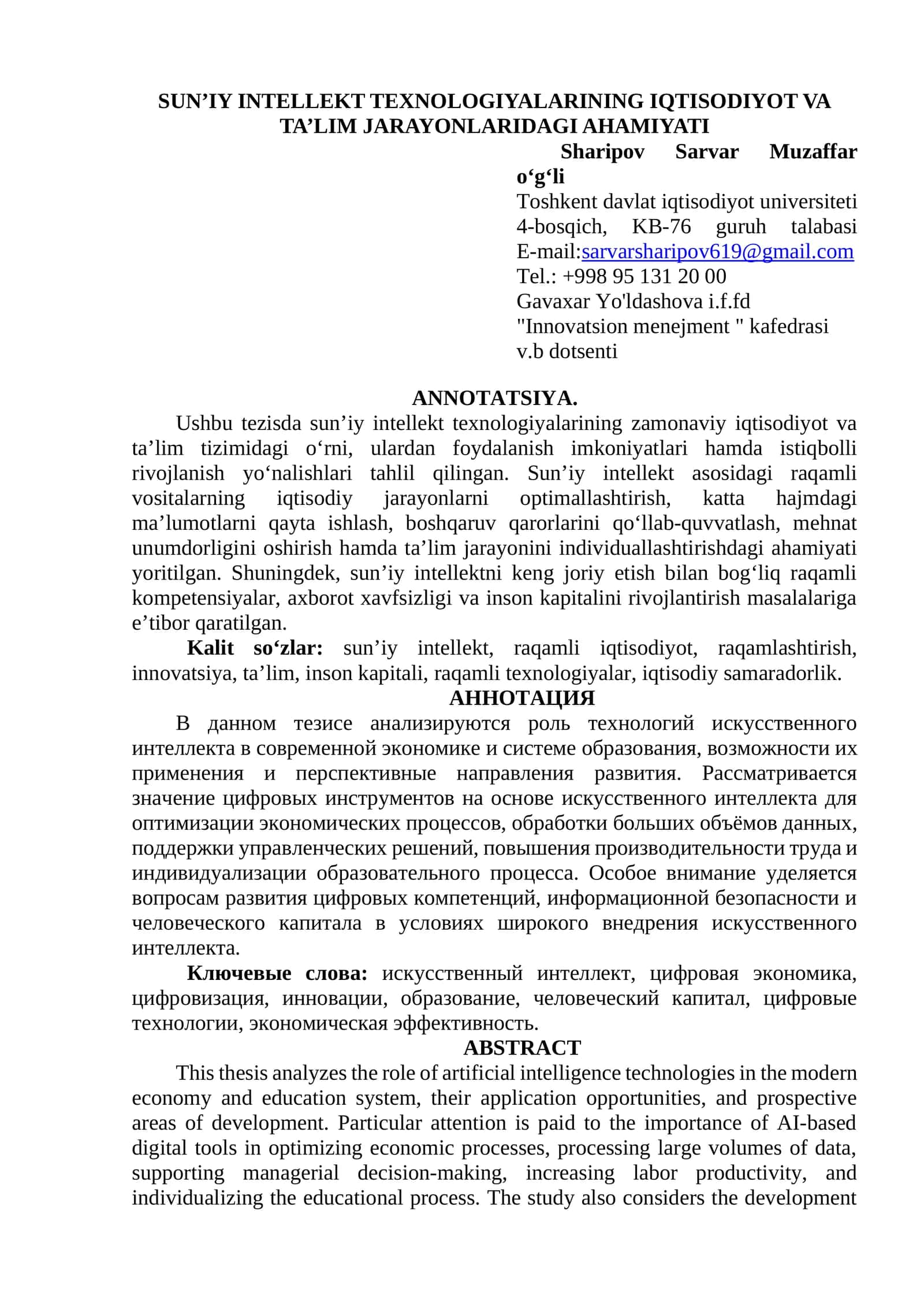 SUN’IY INTELLEKT TEXNOLOGIYALARINING IQTISODIYOT VA TA’LIM JARAYONLARIDAGI AHAMIYATI 1