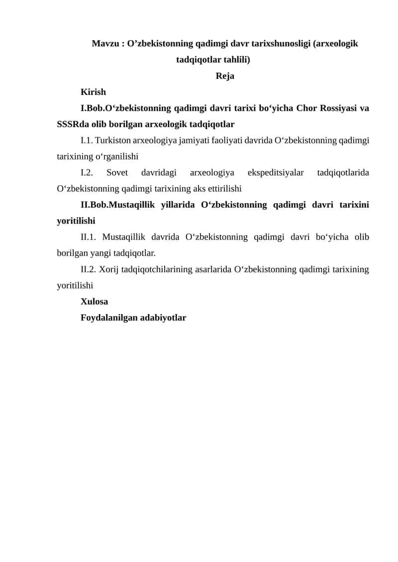 O’zbekistonning qadimgi davr tarixshunosligi (arxeologik tadqiqotlar tahlili) 1