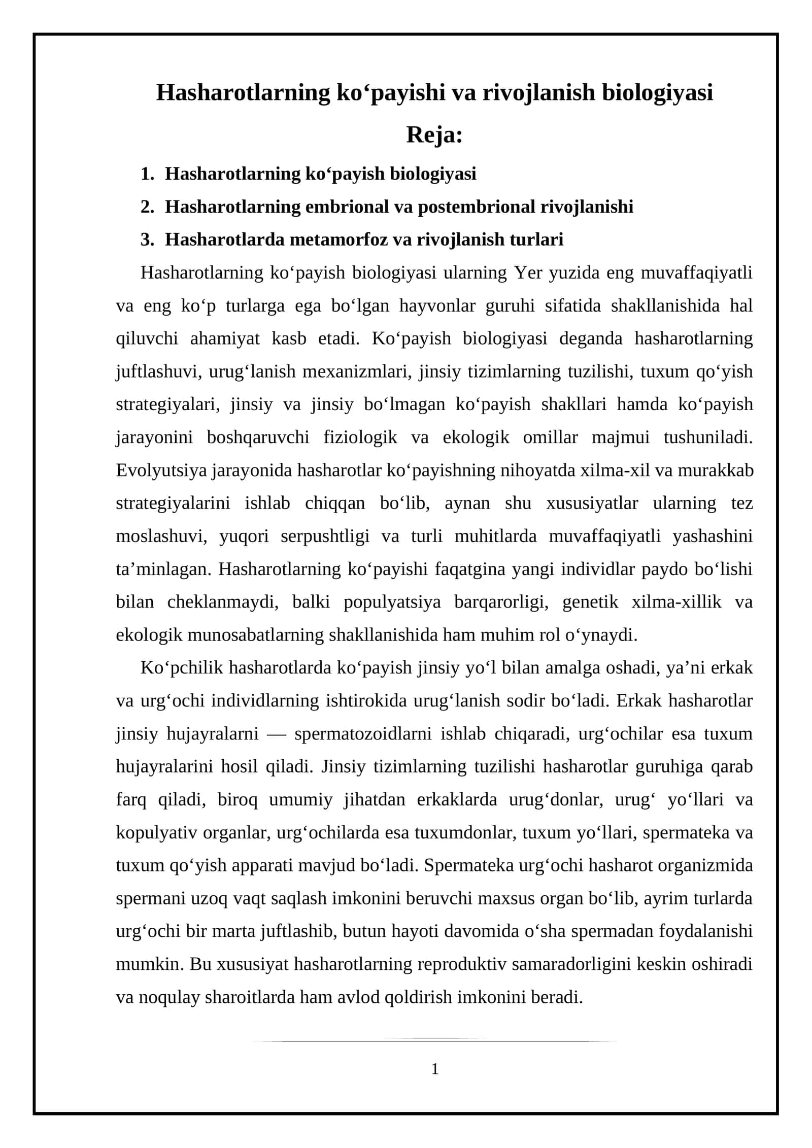 Hasharotlarning ko‘payishi va rivojlanish biologiyasi 1