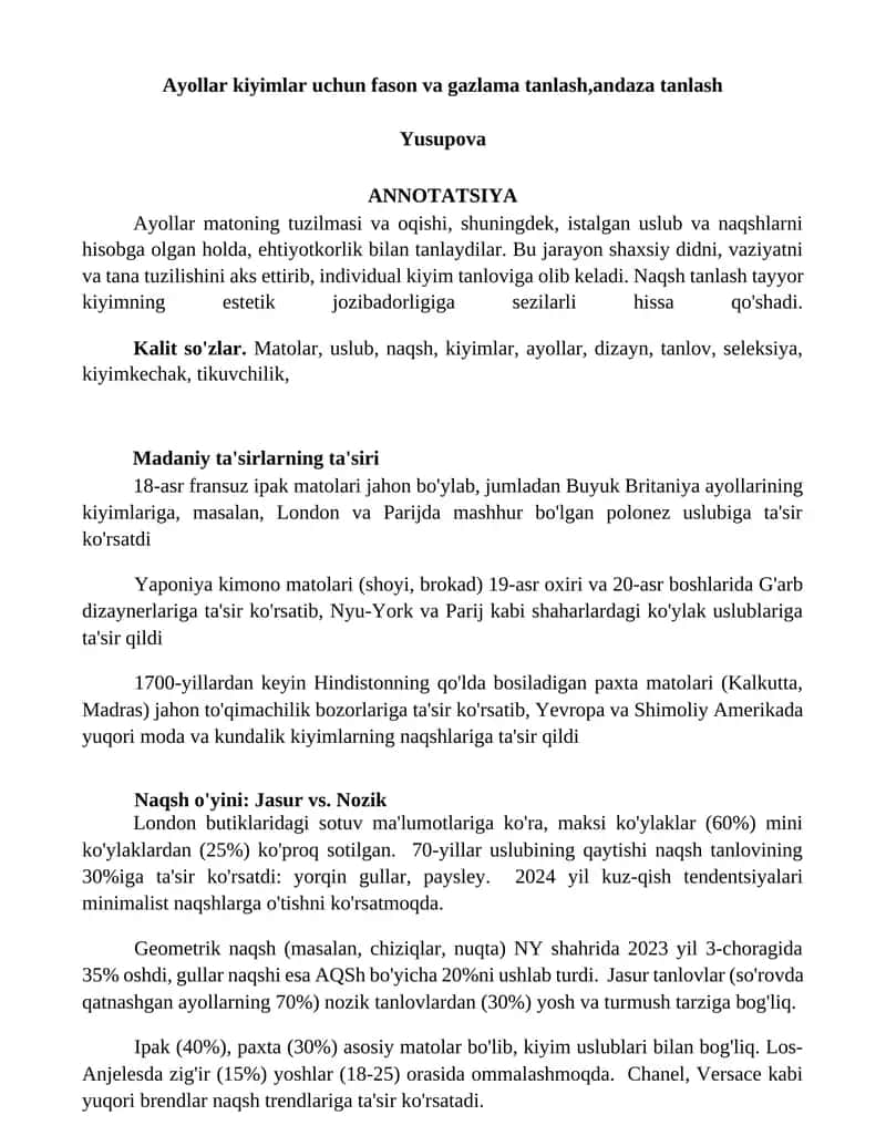 Ayollar kiyimlar uchun fason va gazlama tanlash 1