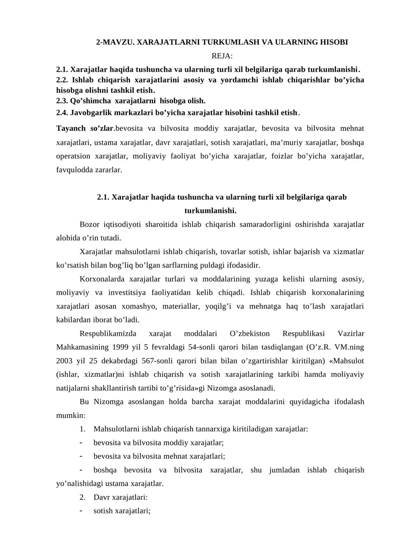 XARAJatlarni turkumlash va ularning hisobi 1