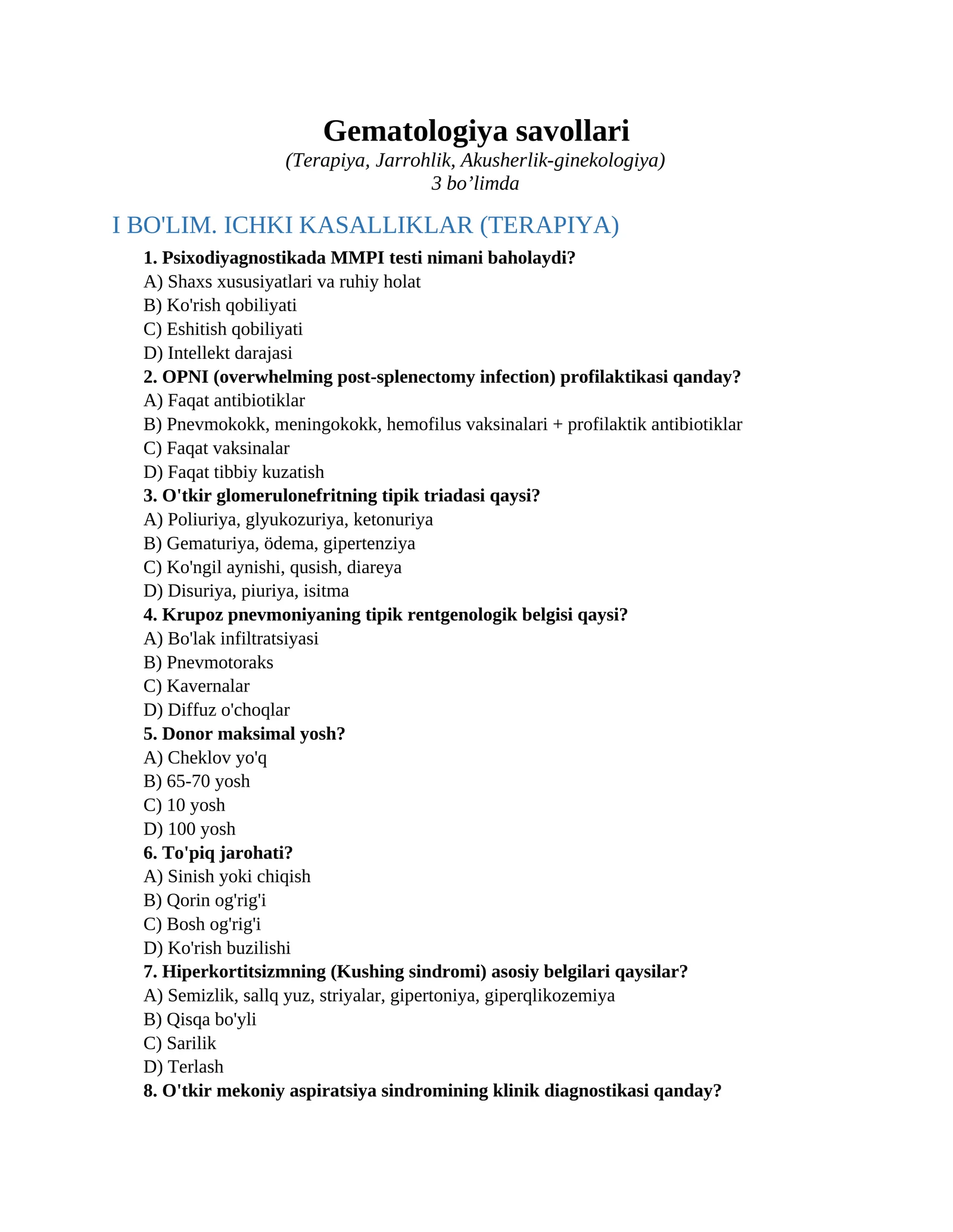 Gematologiya savollari 1