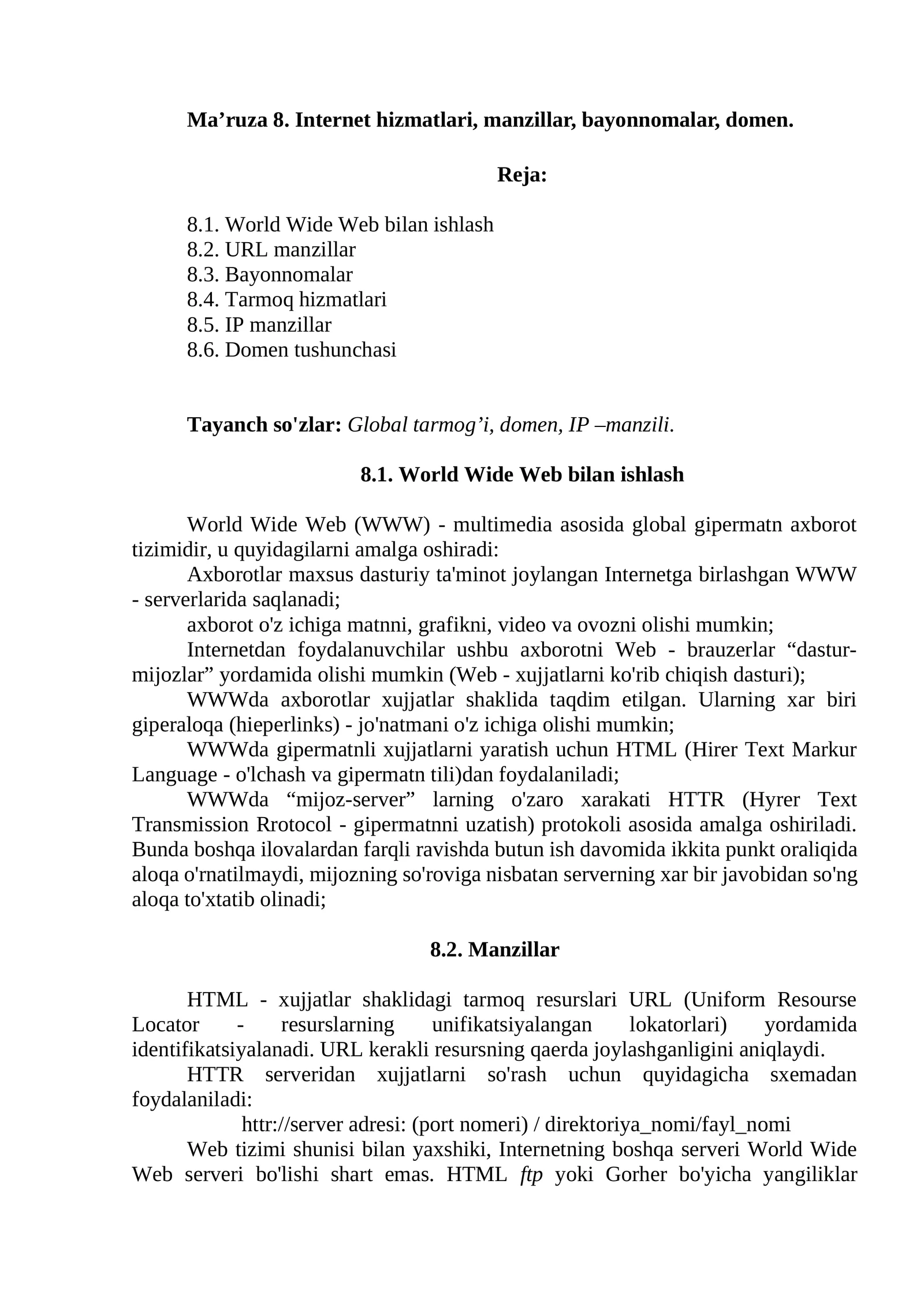 World Wide Web bilan ishlash 1