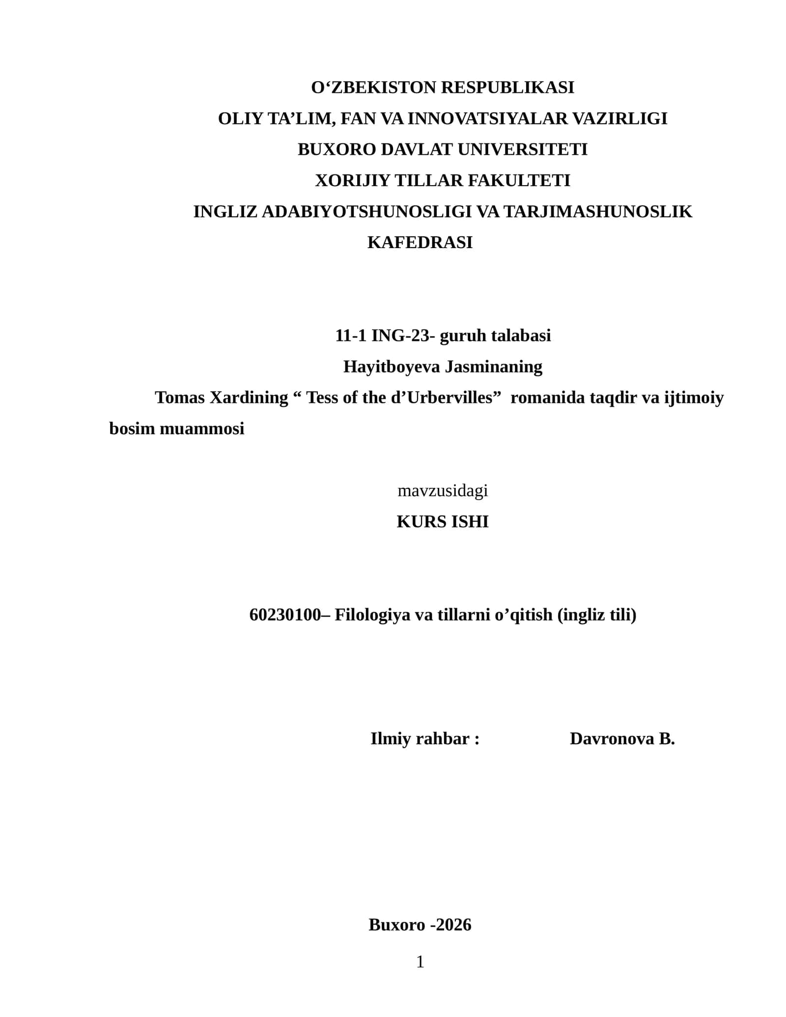 Tomas Xardining “ Tess of the d’Urbervilles” romanida taqdir va ijtimoiy bosim muammosi KURS ISHI 1