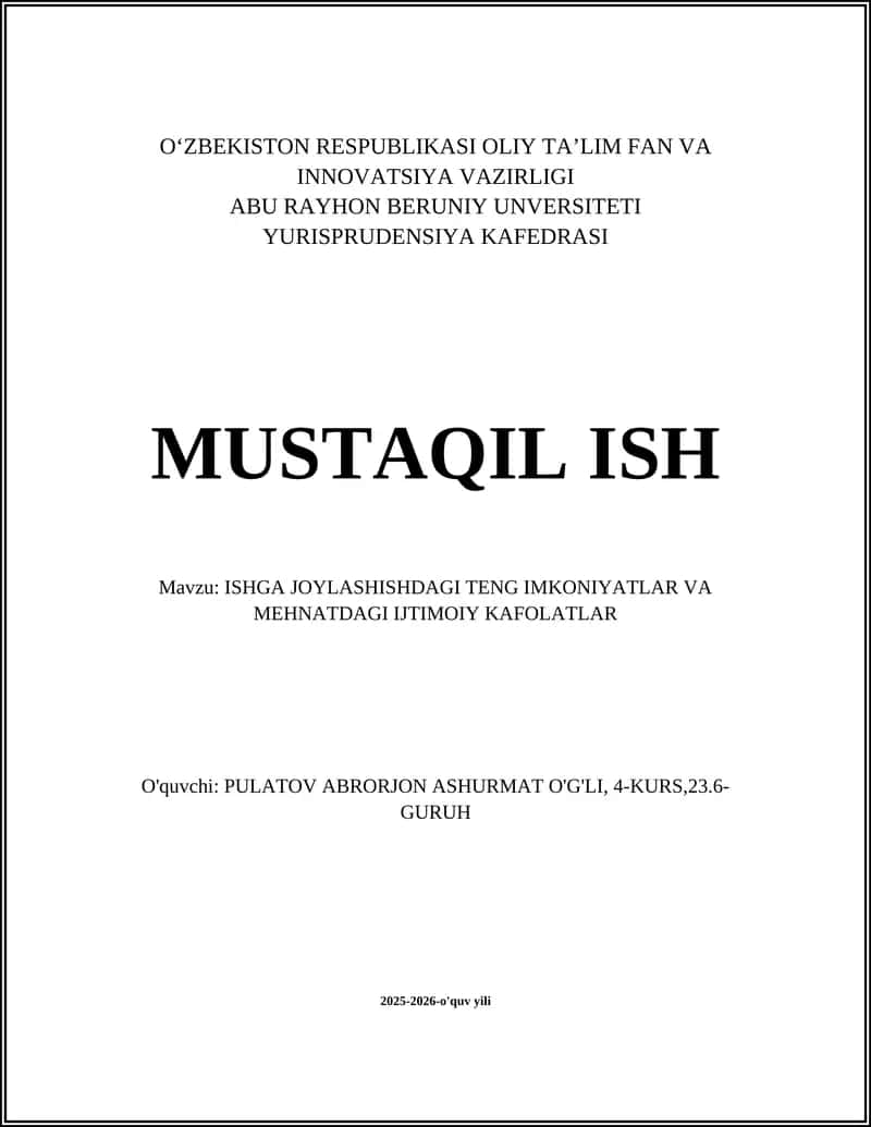 ISHGA JOYLASHISHDAGI TENG IMKONIYATLAR VA MEHNATDAGI IJTIMOIY KAFOLATLAR 1