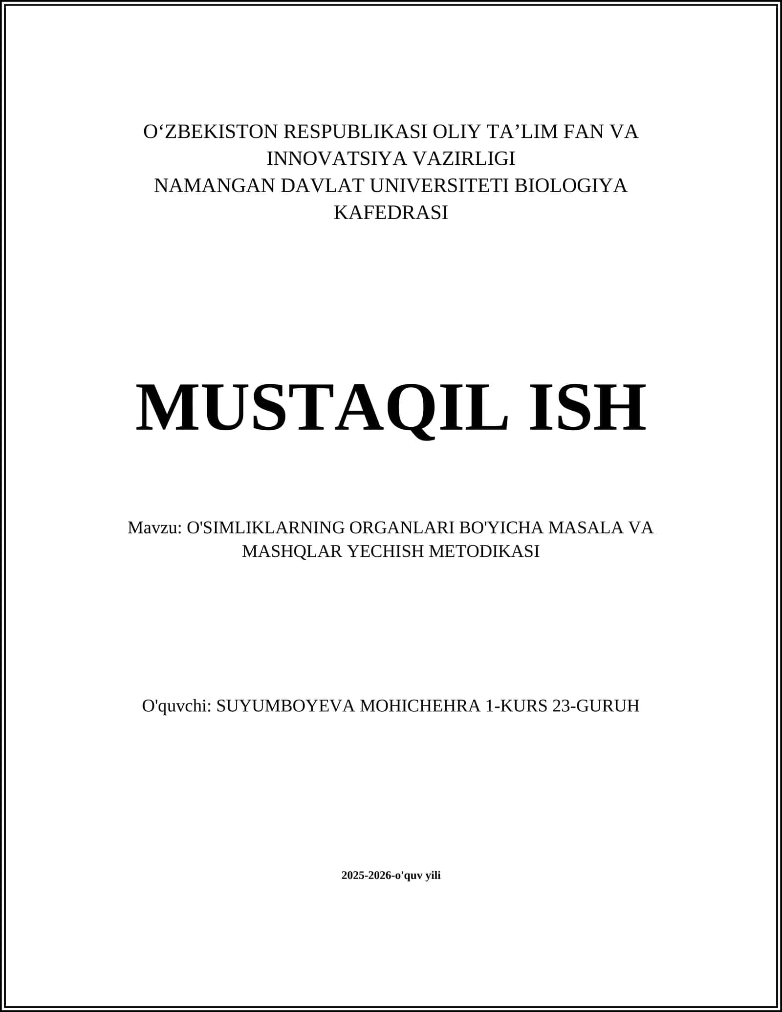 O'SIMLIKLARNING ORGANLARI BO'YICHA MASALA VA MASHQLAR YECHISH METODIKASI 1