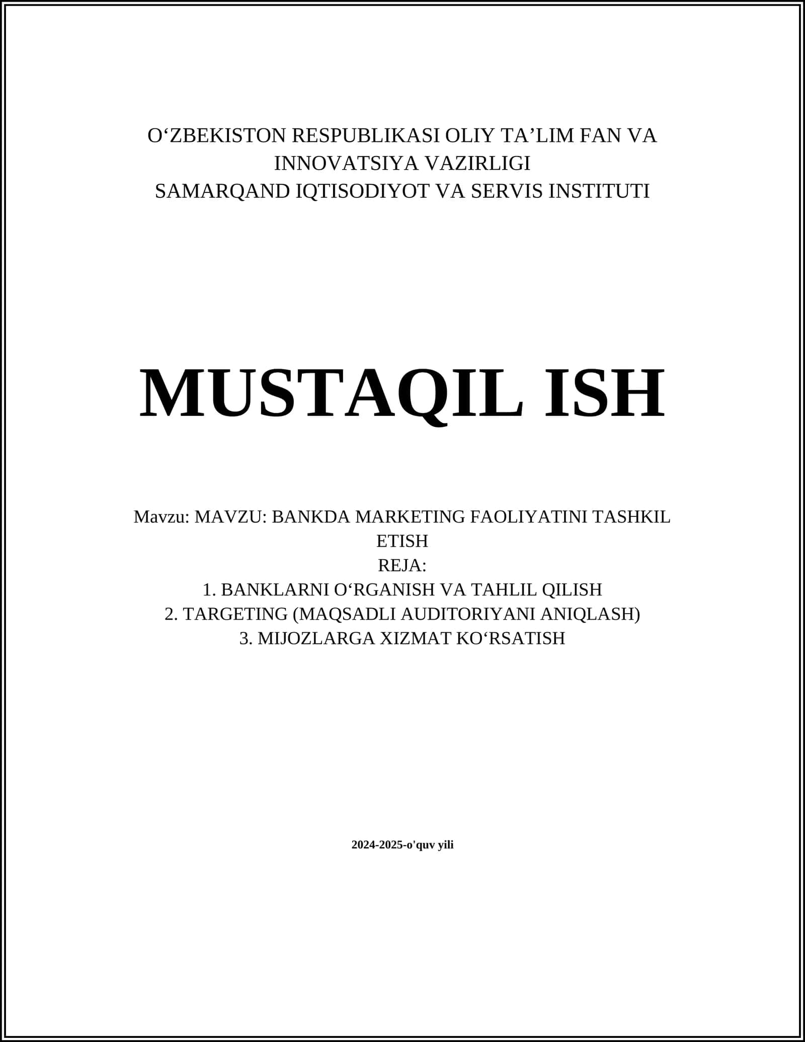 BANKDA MARKETING FAOLIYATINI TASHKIL ETISH 1