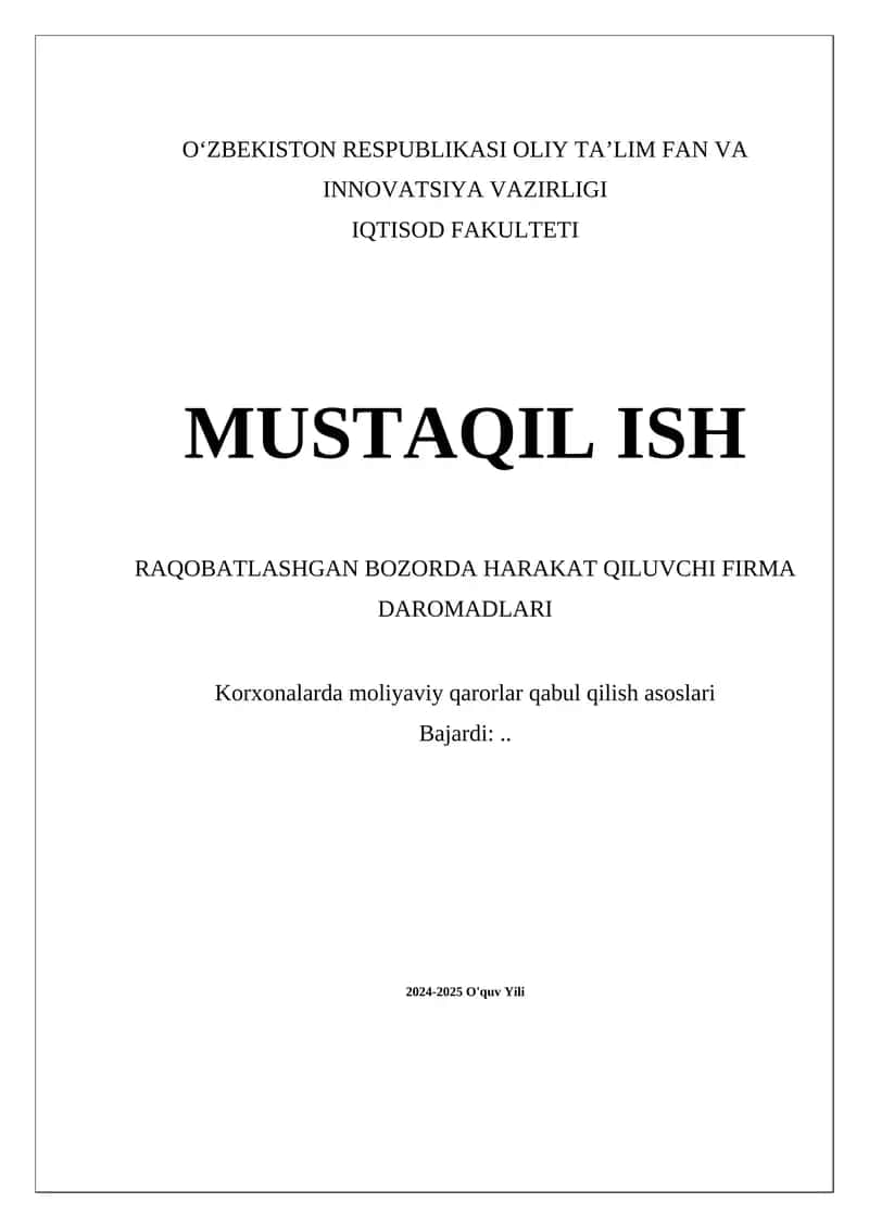 Raqobatlashgan bozorda harakat qiluvchi firma daromadlari mavzusi 1