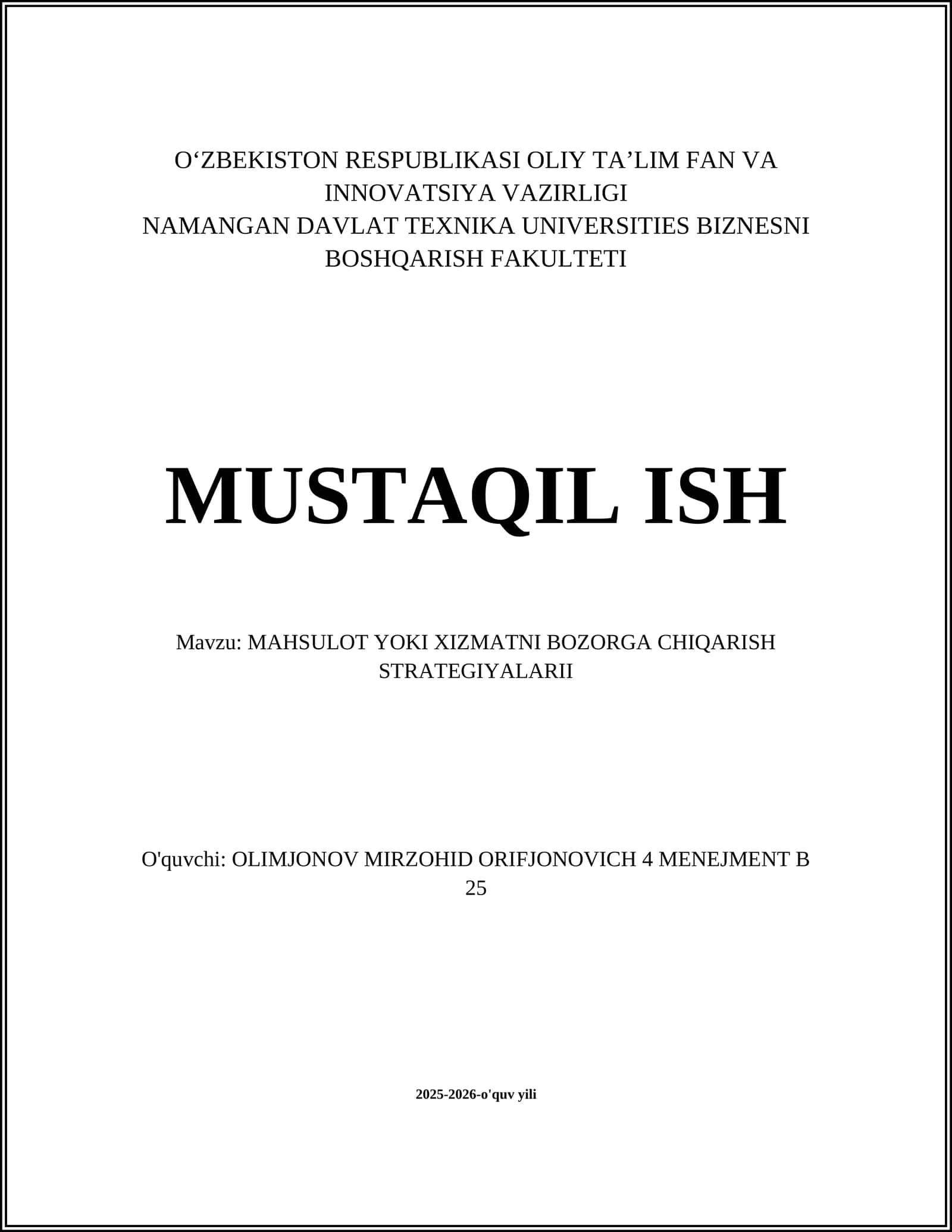 MAHSULOT YOKI XIZMATNI BOZORGA CHIQARISH STRATEGIYALARII 1