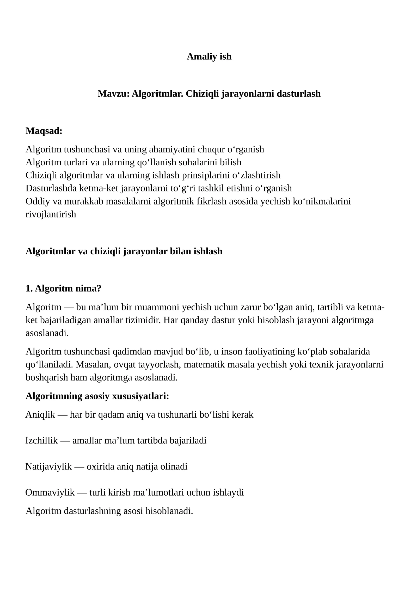 Algoritmlar. Chiziqli jarayonlarni dasturlash 1